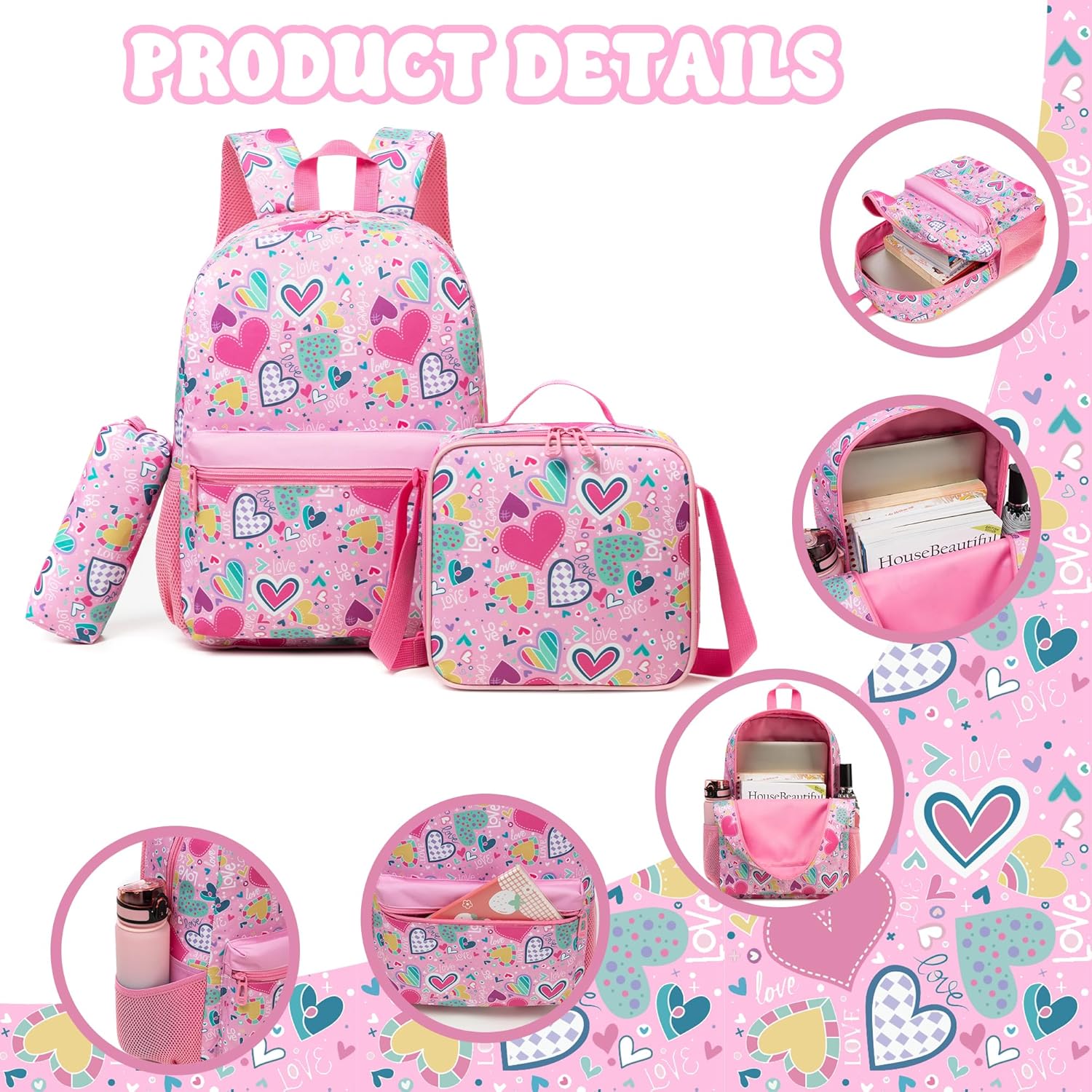 Kids Backpacks for Girls School Backpack for Kids Backpack with Lunch Box Bookbag for Girls Preppy Aesthetic Backpacks Back to School Supplies Kit - Image 4