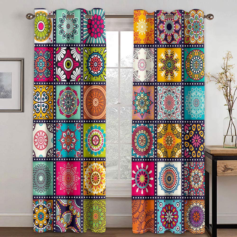 MYQF Rideau Occultant Thermiques Fleur de Mandala à l'indienne 2 Panneaux Occultant Rideau Salon à œillets Rideaux Isolant Thermiques Acoustiques Chambre fenêtre 220x215cm, 110x215cm x2