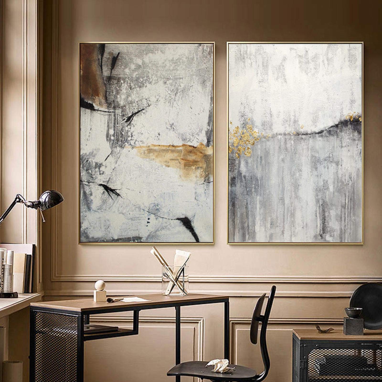 Carteles e impresiones Pintura Cartel de mármol gris Arte de pared nórdico dorado Cuadros de lienzo de ágata para sala de estar Decoración moderna 60x80cm (24x32in) x2 Con marco