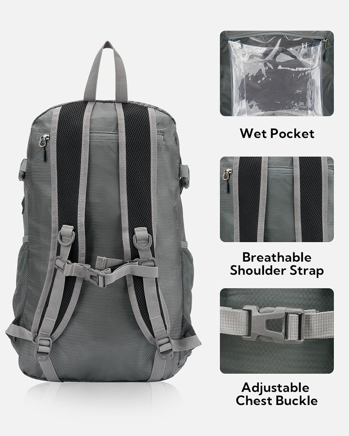 WATERFLY Lightweight Packable Hiking Backpack: 30L Foldable Travel Daypack Ultralight Camping Day Pack for Woman Man Grey - Image 5