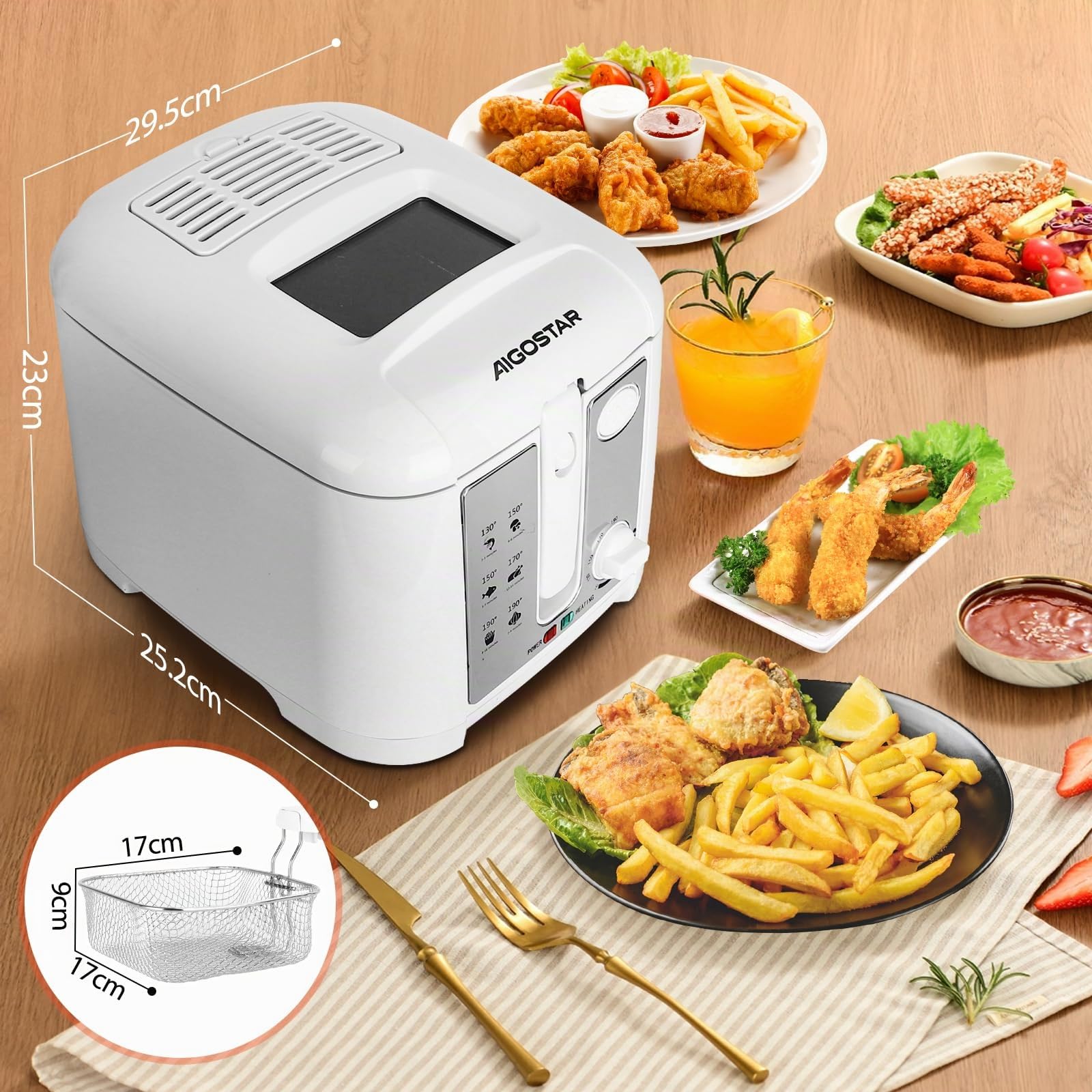 Aigostar Indra 30HEX Friteuse Électrique 2,5 L Blanc | Cuve avec Huile pour 2 Personnes, 1650W et Panier Amovible