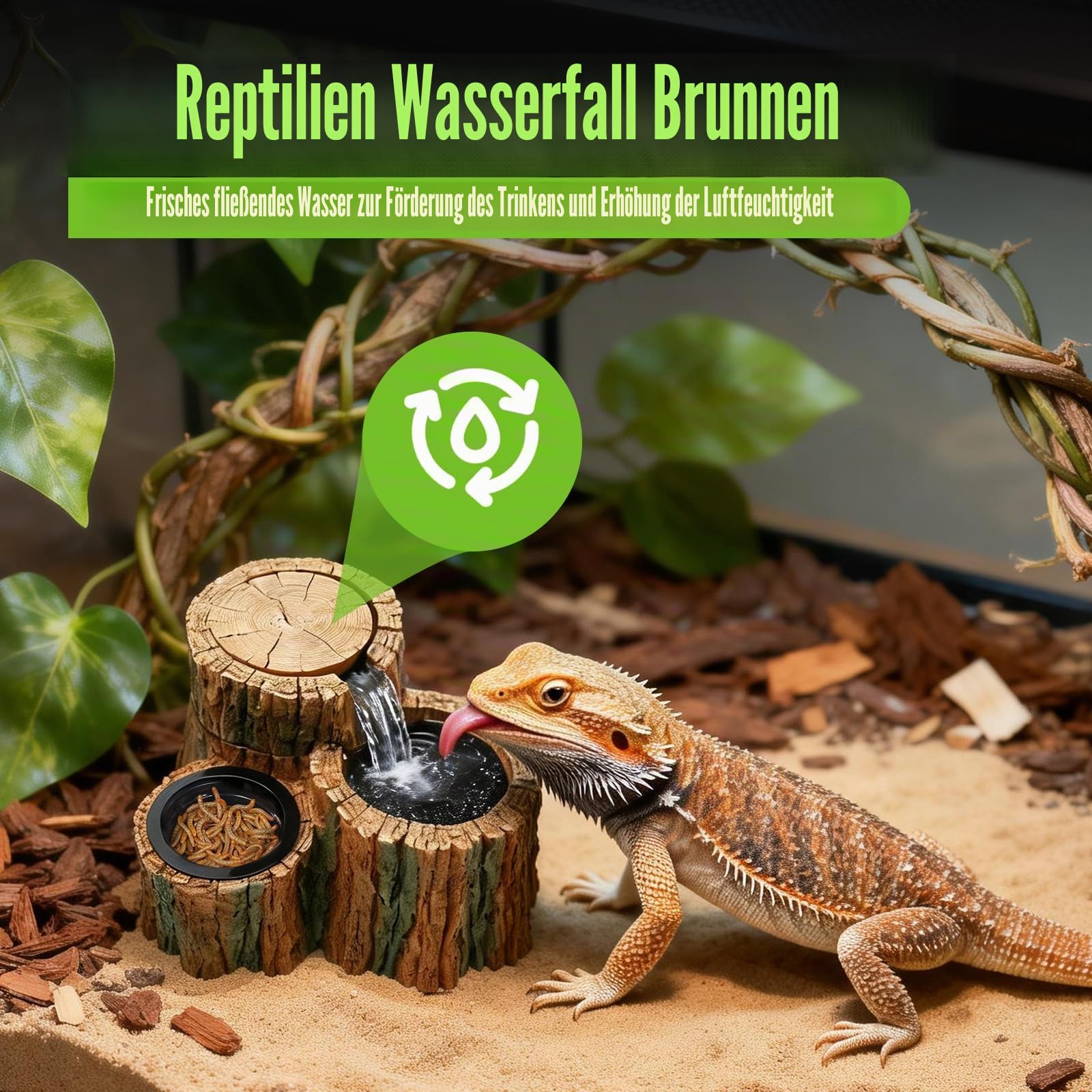 MIXJOY 2-in-1 Reptilien-Wasserbrunnen mit Futterschale, 550 ml, Reptilien-Wasserfall-Trinkbrunnen mit einstellbarem Durchfluss, natürliches Harz, Reptilien-Wasserspender für Bartagamen, Gecko