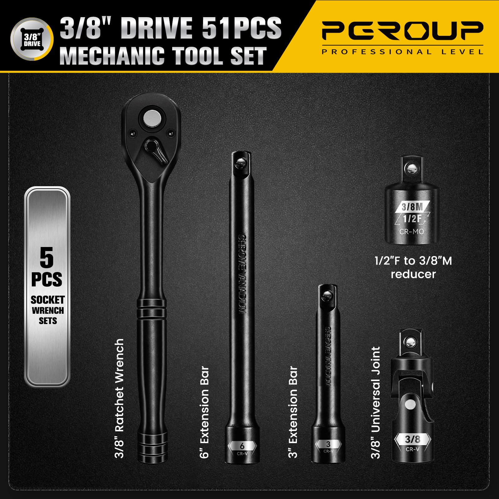 Set di chiavi a bussola a percussione, 6 punti, SAE (1/4"-13/16") e metriche (8 mm-22 mm), profonde e poco profonde, deposizione elettroforetica, CR-V, include chiave a cricchetto, barre di