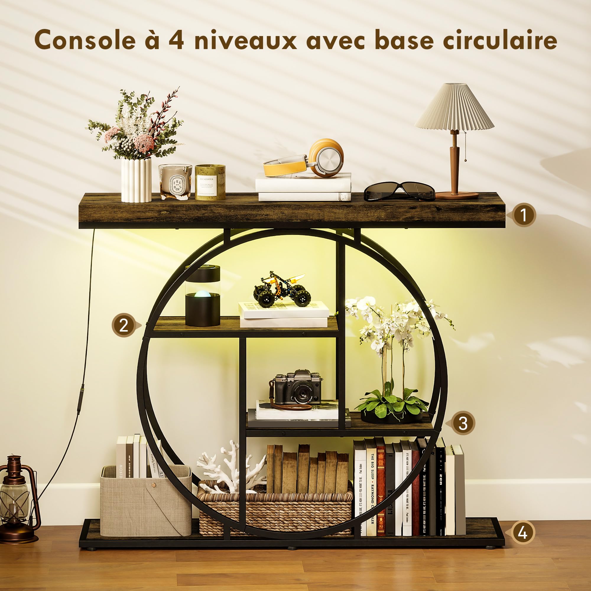 HOMCOM Console meuble avec éclairage LED musique sync 100 cm, table console 4 niveaux, étagères ouvertes, cadre rond en acier, table d'entrée, salon, couloir, style industriel, marron rustique et noir