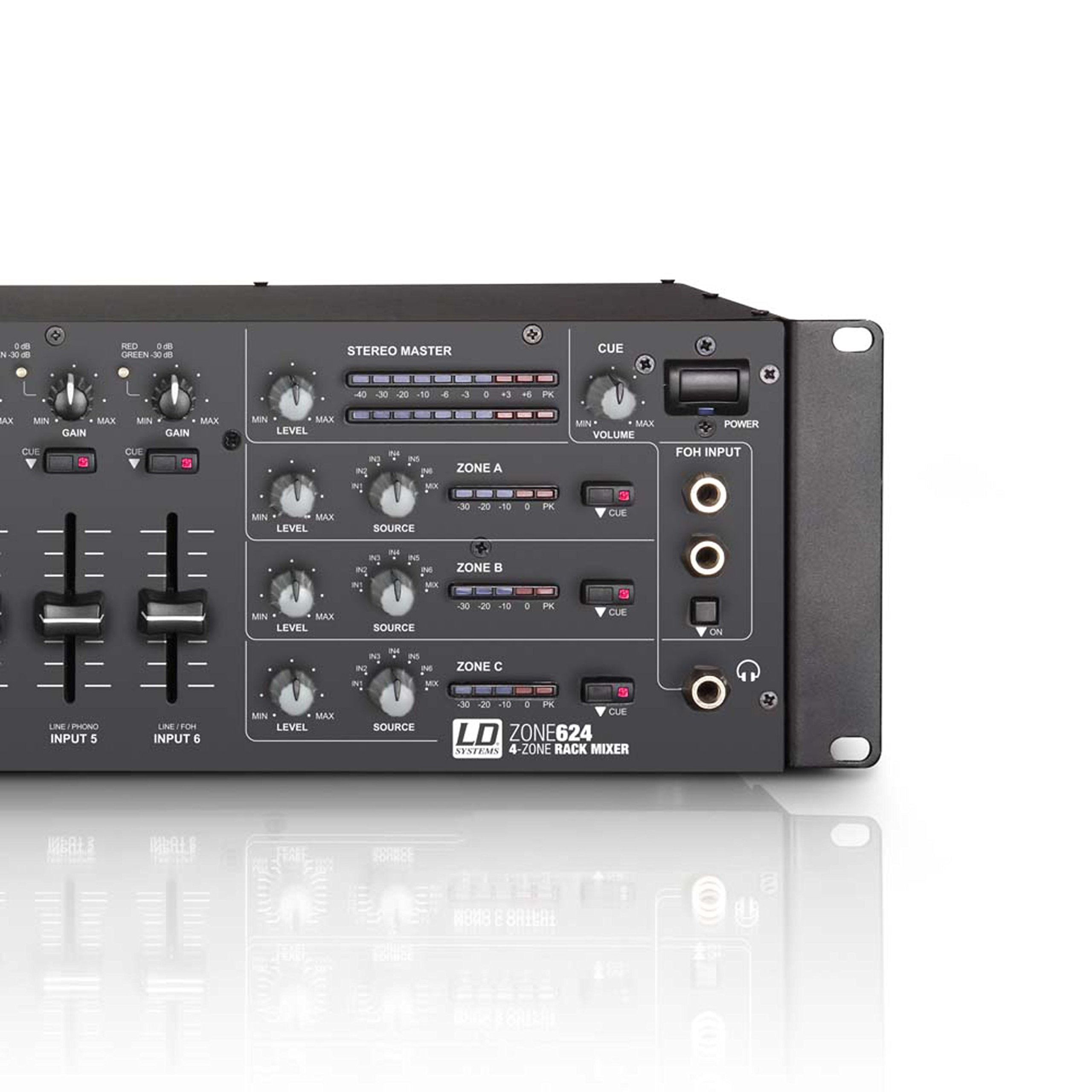 LD Systems ZONE 624-19" 4-Zonen Mixer mit 2 Mikrofonkanälen und 3HE, schwarz