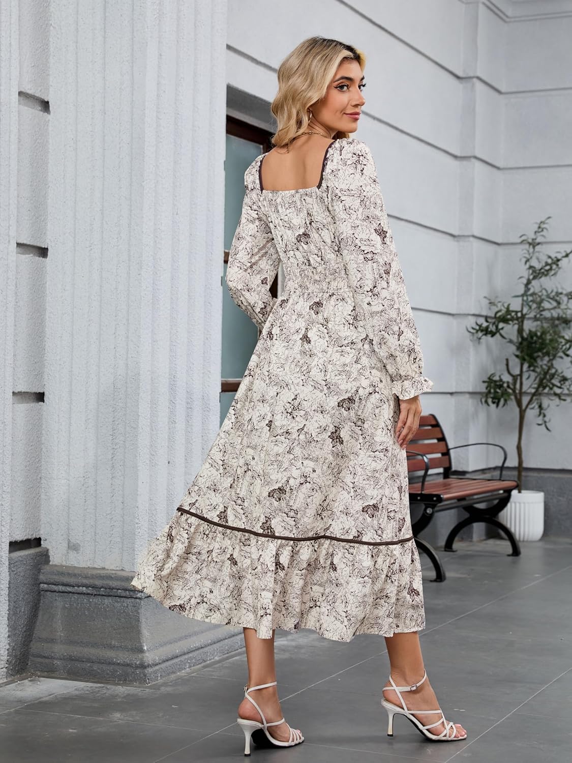 ZAFUL Women's 2025 Long Sleeve Square Neck Fall Boho Floral Midi Dress High Waist Flowy A Line Tiered Wedding Guest Dresses - Image 3