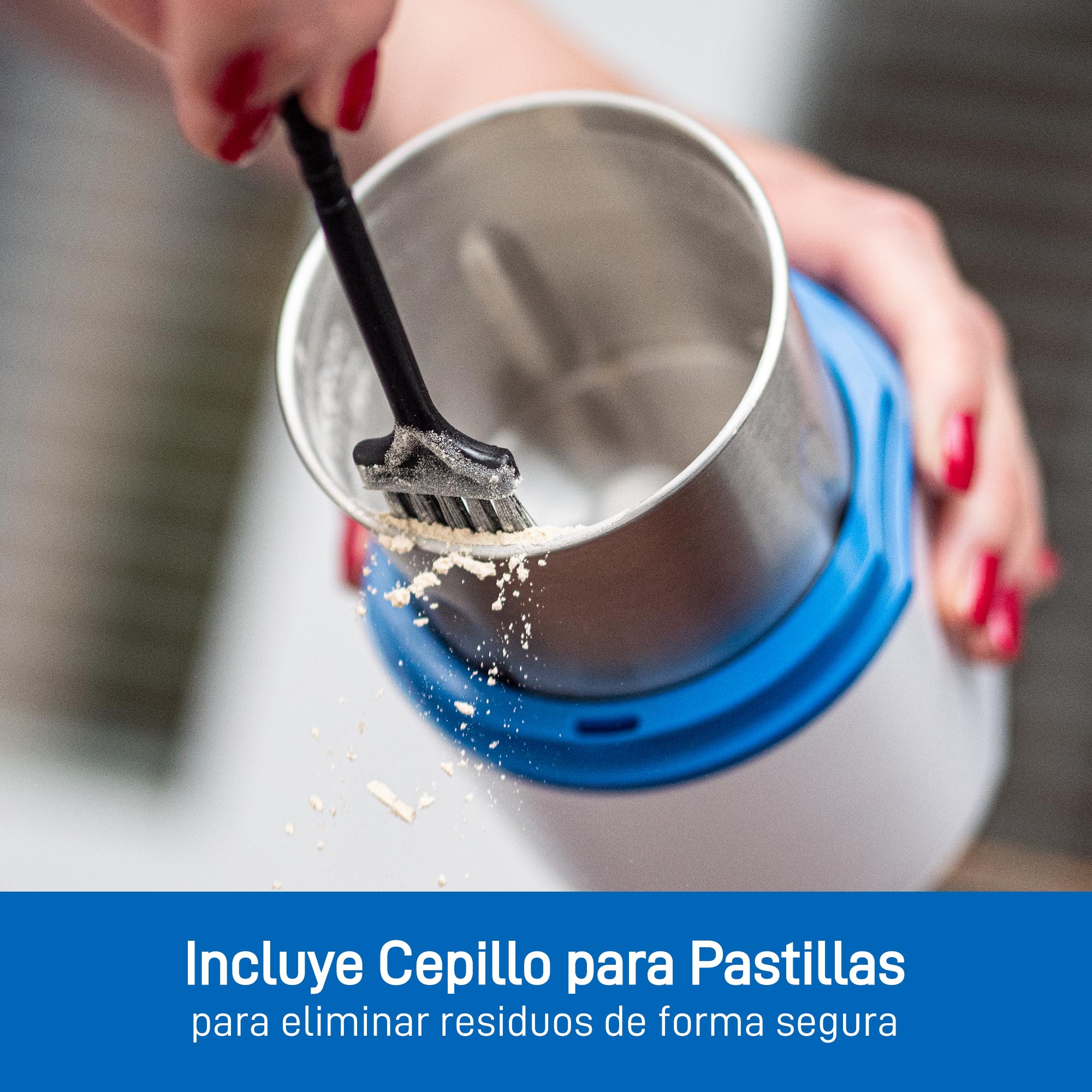 Triturador eléctrico para pastillas - Pulverizador electrónico de polvo fino para medicamentos - Con organizador de pastillas, cepillo, cuchara, paño y cuchillas de acero inoxidable de Pill Mill