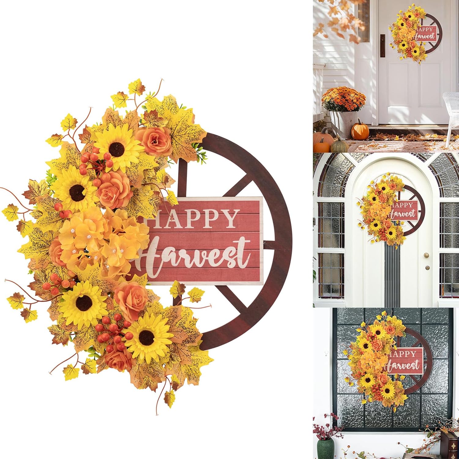 アーティフィシャルフラワーリース 37cm 玄関リース フラワーリース 母 フラワーリース玄関リースアーティフィシャル 造花 リース ホイール付き 感謝祭 フラワーリース 秋 収穫リース 玄関/庭/農家用