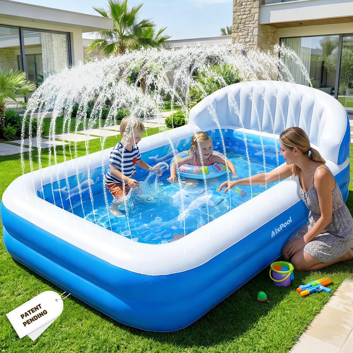 2026 Inflatable Pool with Sprinkler,Durable Blow up Pool with Big Backrest, Rectangle Kids Pool Backyard,Children Swimming Pool,Small Inflatable Kiddie Pool,Outdoor Water Pool for Kids-M