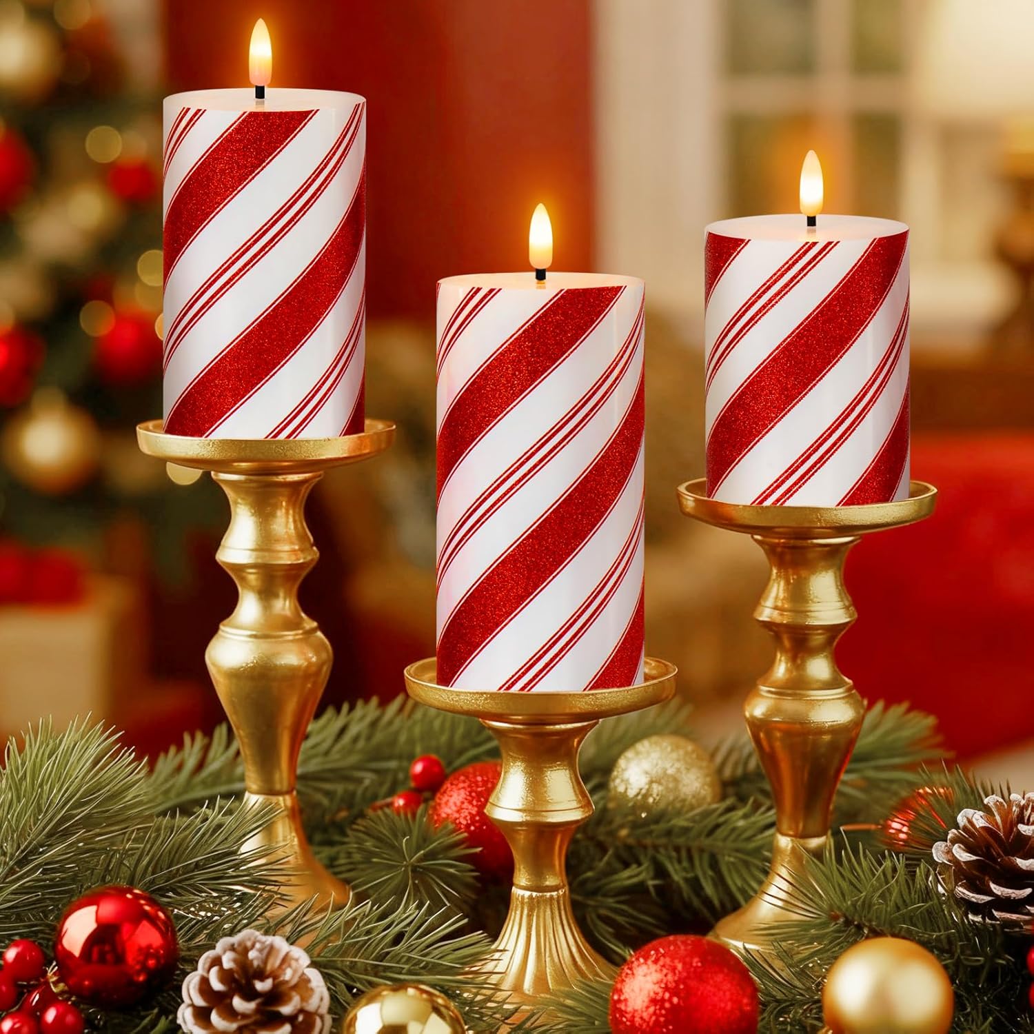Christmas Glitter Red Stripes LED Flameless Candles, Battery Operated Real Wax Pillar Candles with Remote and Timer for Holiday Table Centerpieces Home Decorations, Set of 3