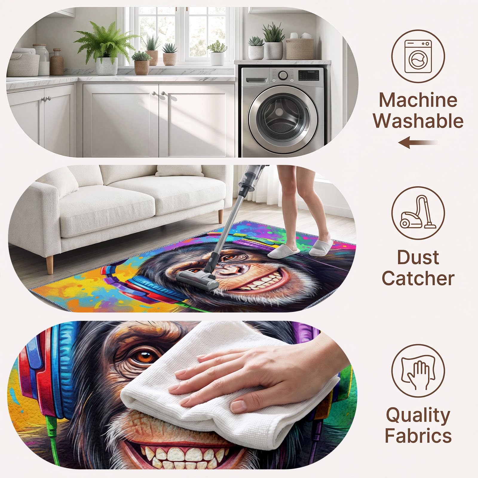 Generisch Teppich Pop Abstrakt Im Trend Wohnzimmer Kurzflor Moderne Deko, Buntes Graffiti Kopfhörer Schimpanse Teppich Grösse: 240 x 300 cm Farbe:Bunt für Wohnzimmer Schlafzimmer Esszimmer Büro