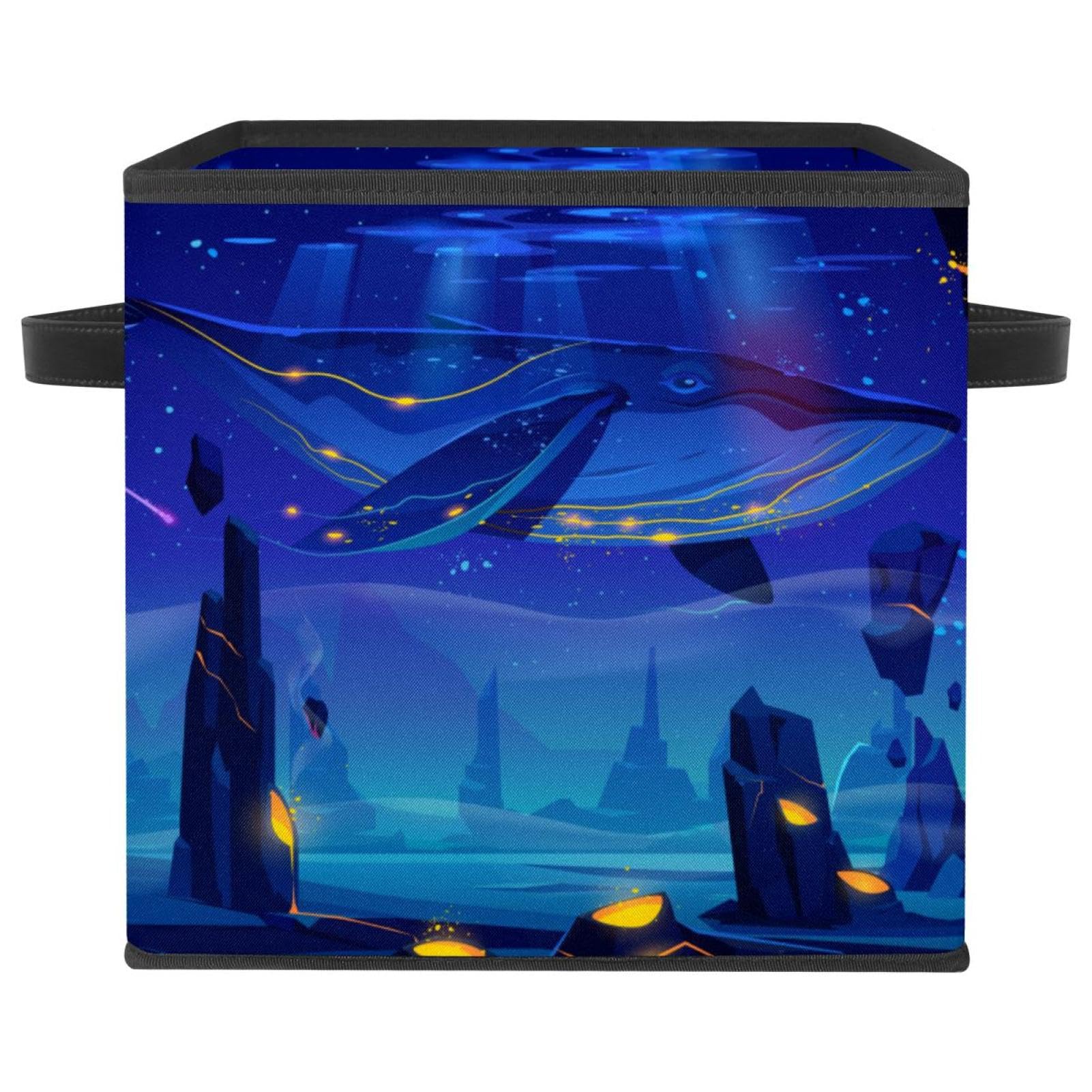 Boîte de rangement pliable cube en tissu bleu motif espace et baleine pour chambre d'enfant