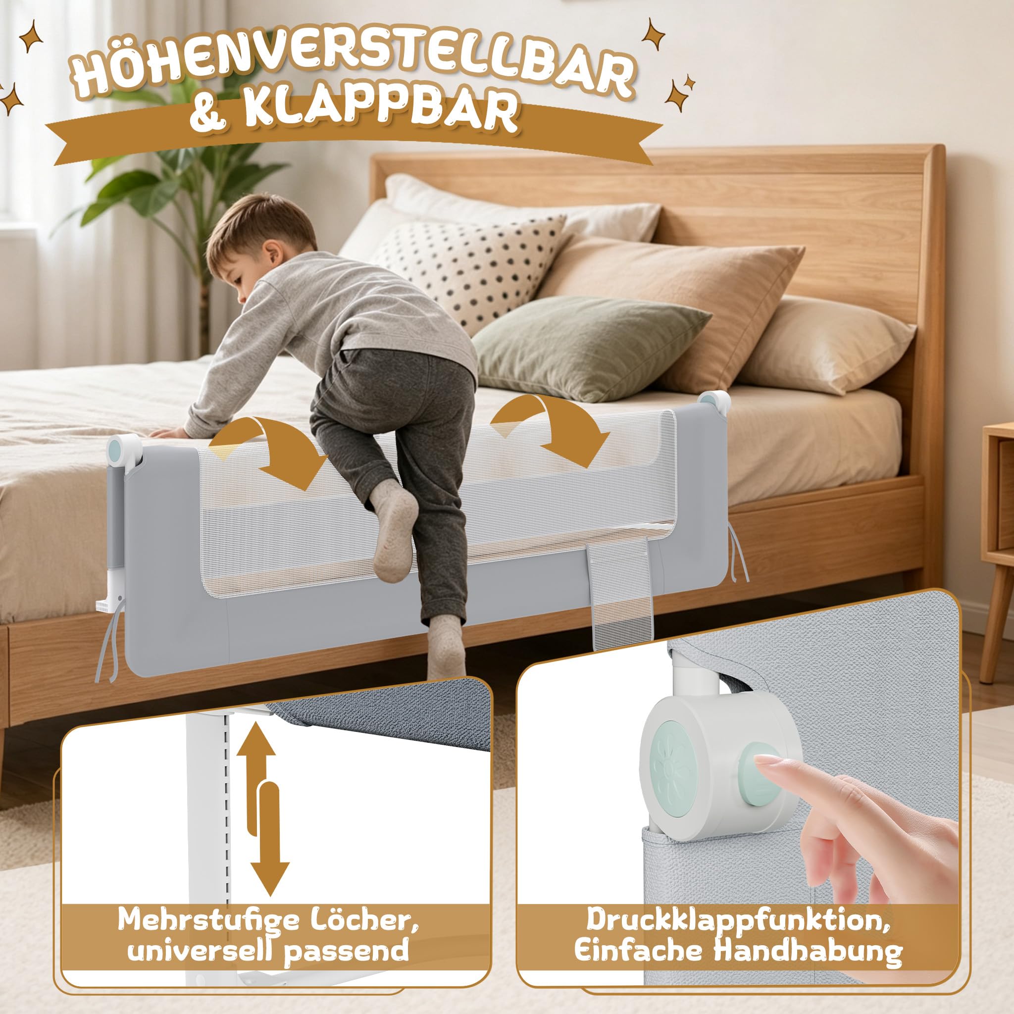 XMTECH 1 barrière de lit pour enfants de 18 mois à 5 ans, protection anti-chute, pliable, portable, pour tout-petits, de 18 mois à 5 ans, grise, 200 cm
