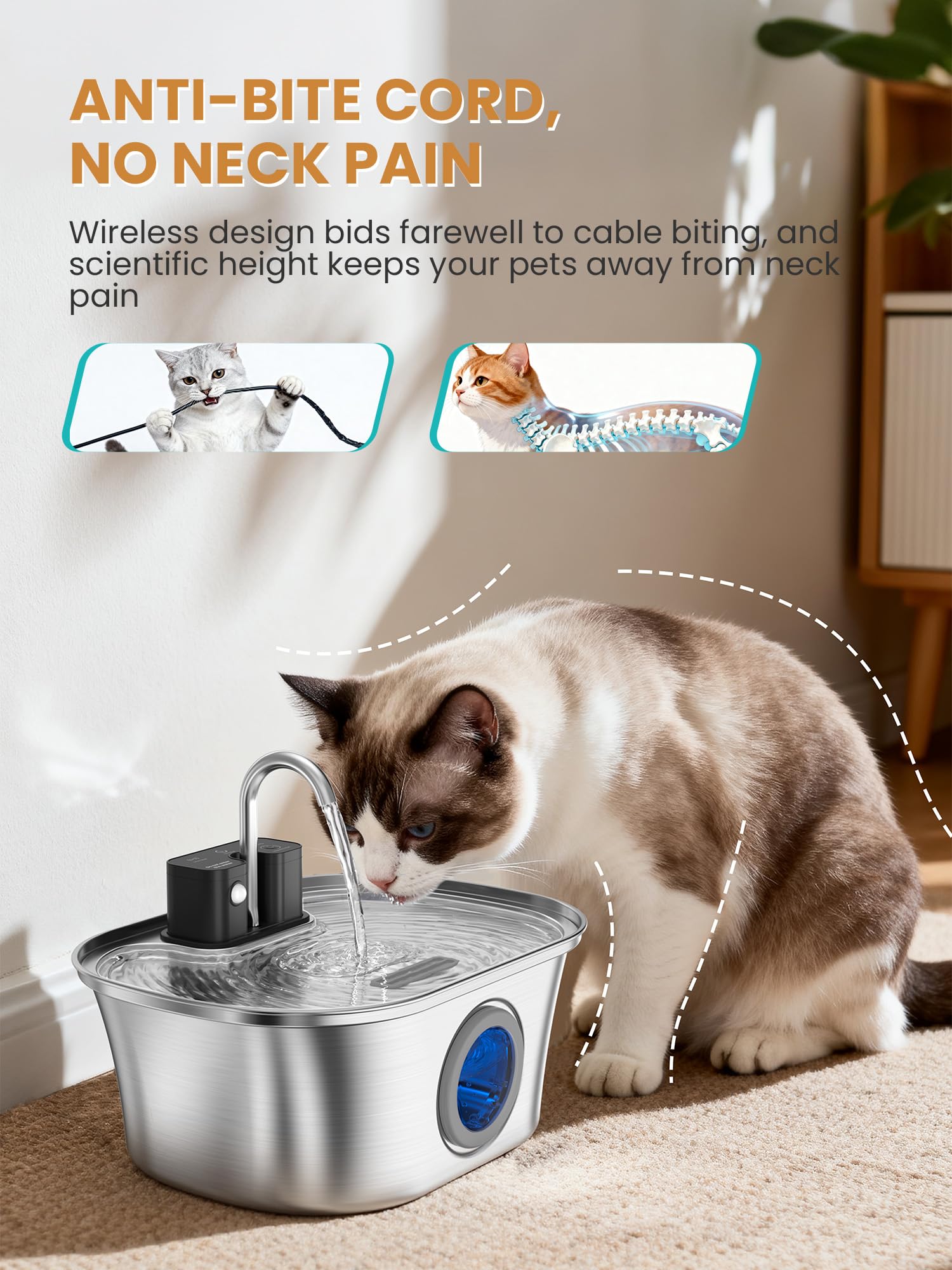 Cat Water Fountain Stainless Steel Cat Fountains for Drinking-108oz/3.2L Quiet Water Fountain for Cats Wireless Cat Water Fountain with Water Level Window for Cats&Dogs Indoor (3 Filter) - image 5