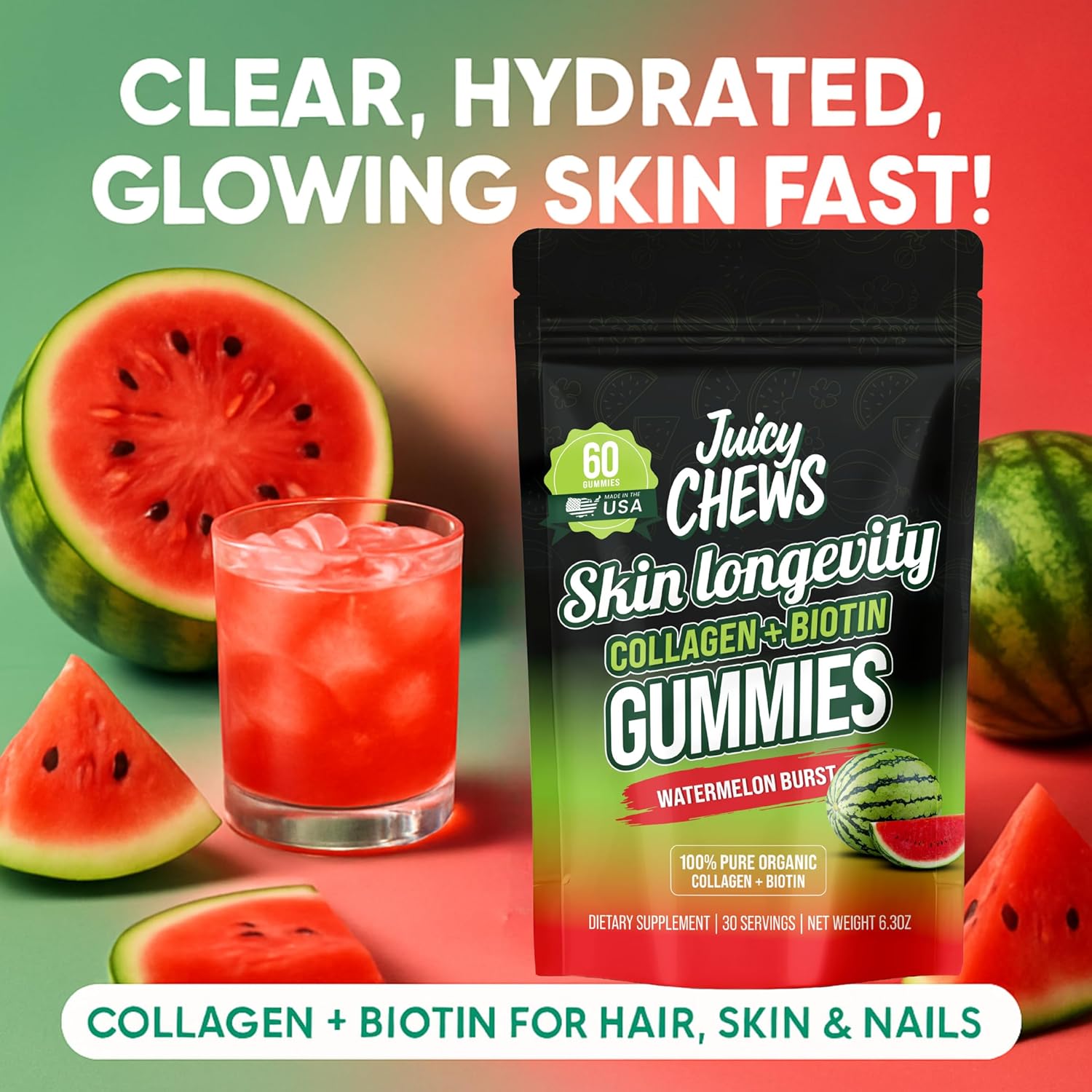 Biotin and Collagen Gummies | Low Sugar Non-GMO Collagen Gummies for Men and Women| All Natural Flavors | 60 Gummies | 30 Servings | Watermelon Flavor