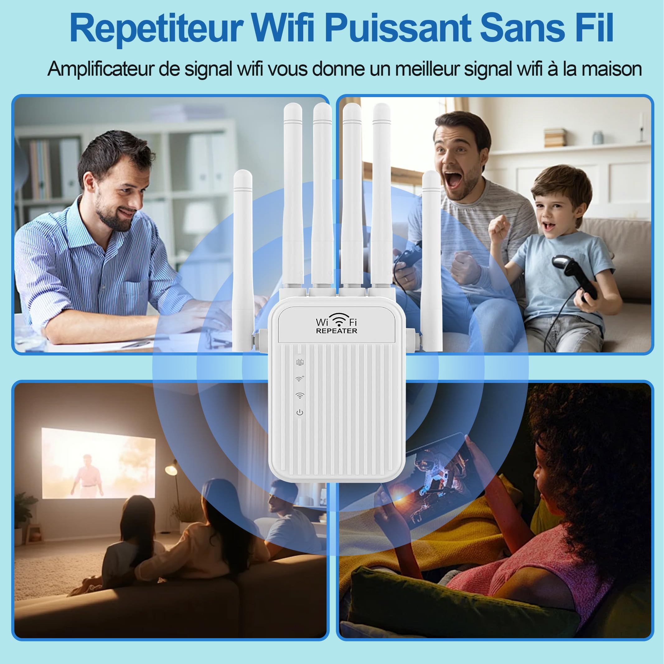 Repeteur WiFi Puissant sans Fil 5G /2.4G, Amplificateur de Signal WiFi Bi-Bande,2 Ports LAN,6 Antennes,Répéteur à Distance Puissant pour la Maison et Le Bureau Couverture jusqu'à 9800m³