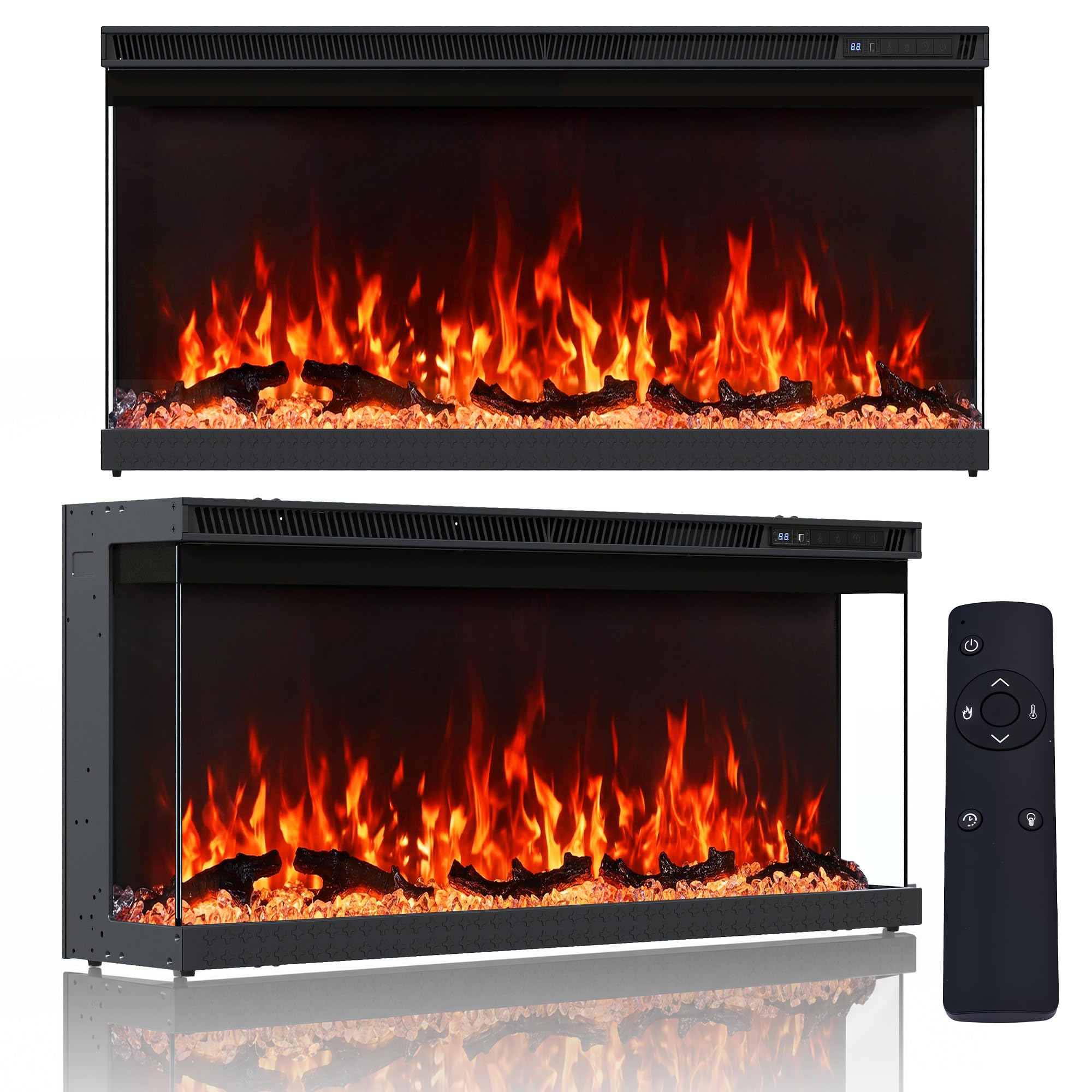 LUXOAK 91.4 CM/36 Inch Electric Fireplace, Wall Mounted, Recessed, Freestanding, 3-Sided Viewing, 12 LED Flame Colours, Crystal & Log Fuel Bed, 900W & 1450W Heater, Overheat Protection, Black