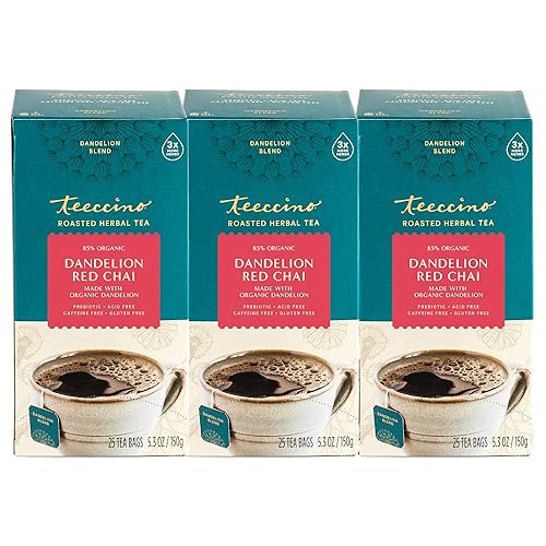 Teeccino Red Chai Té de diente de león  Té Rooibos sin cafeína especiado con jengibre canela y cardamomo más raíz desintoxicante de diente de león