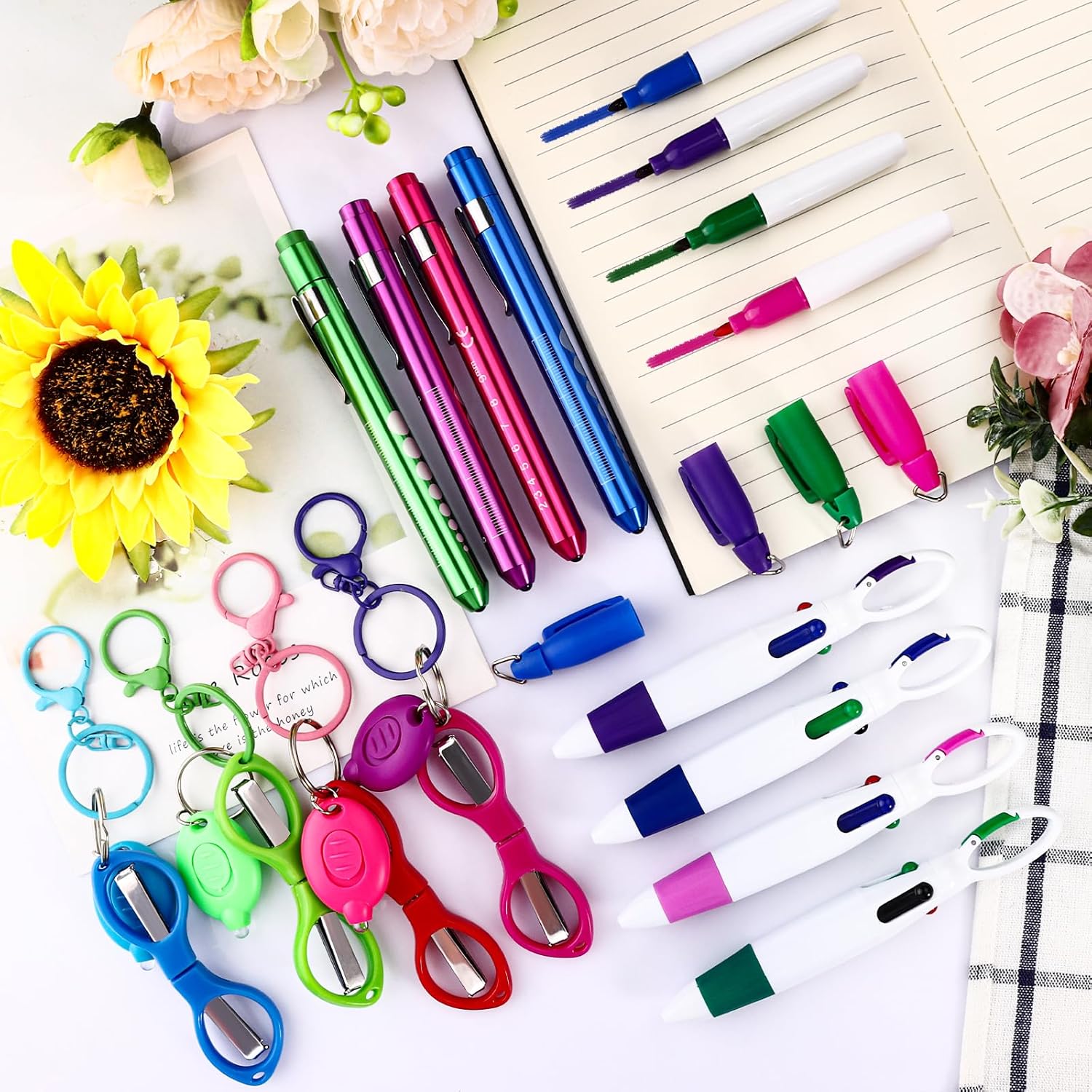 24 pcs Nurse Pen Set Include Permanent Marker Pen Pen Lights for Nurses Retractable Ballpoint Pen Nursing Keychain Clip Foldable Scissors LED Flashlight Keychain for Nurses (Blue Green Pink Purple)