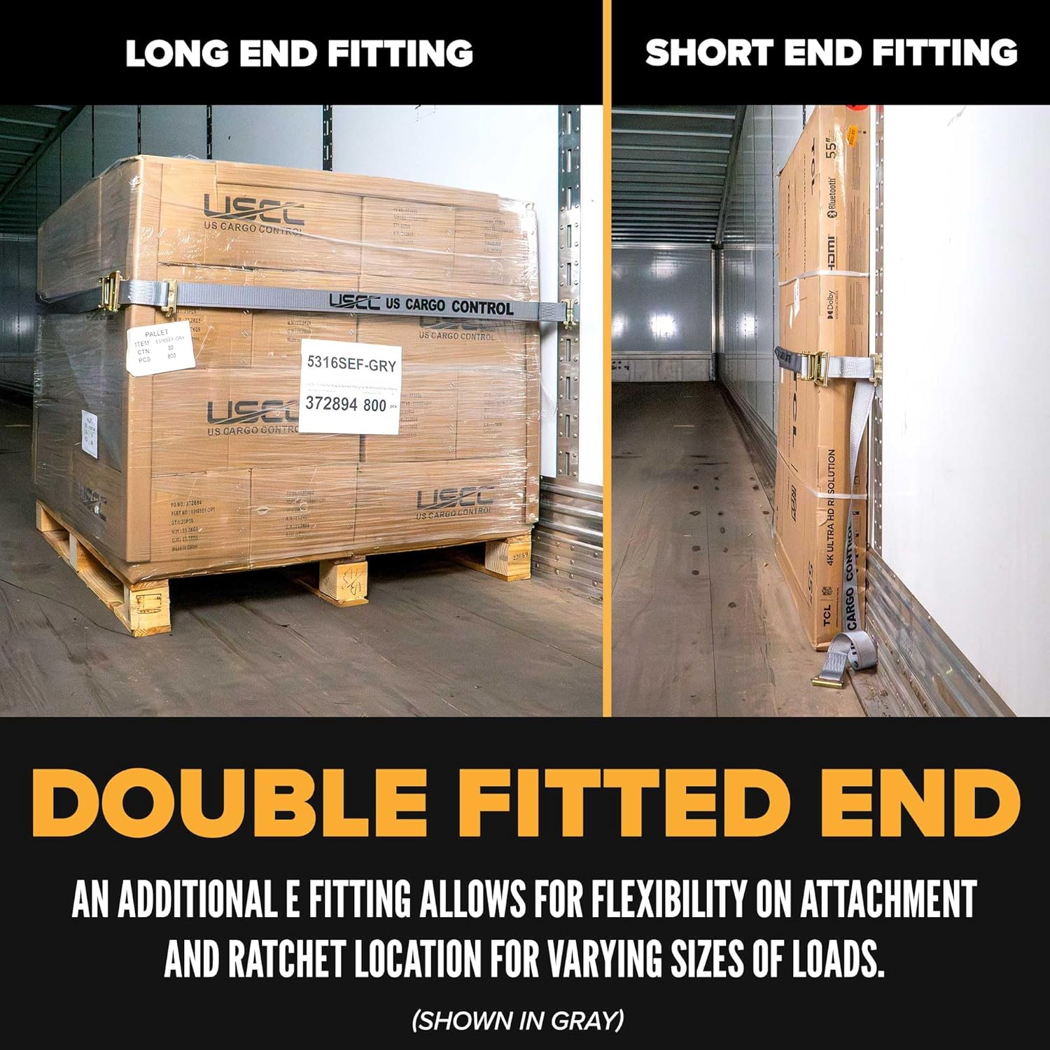 US Cargo Control Double-Fitted E-Track Ratchet Straps (4 Pack), 4,400 LBS Break Strength, 2 Inch x 20 Foot Heavy Duty E Track Straps with 3 Spring E-Fittings, Versatile 2-in-1 Logistic Tiedowns - Image 3