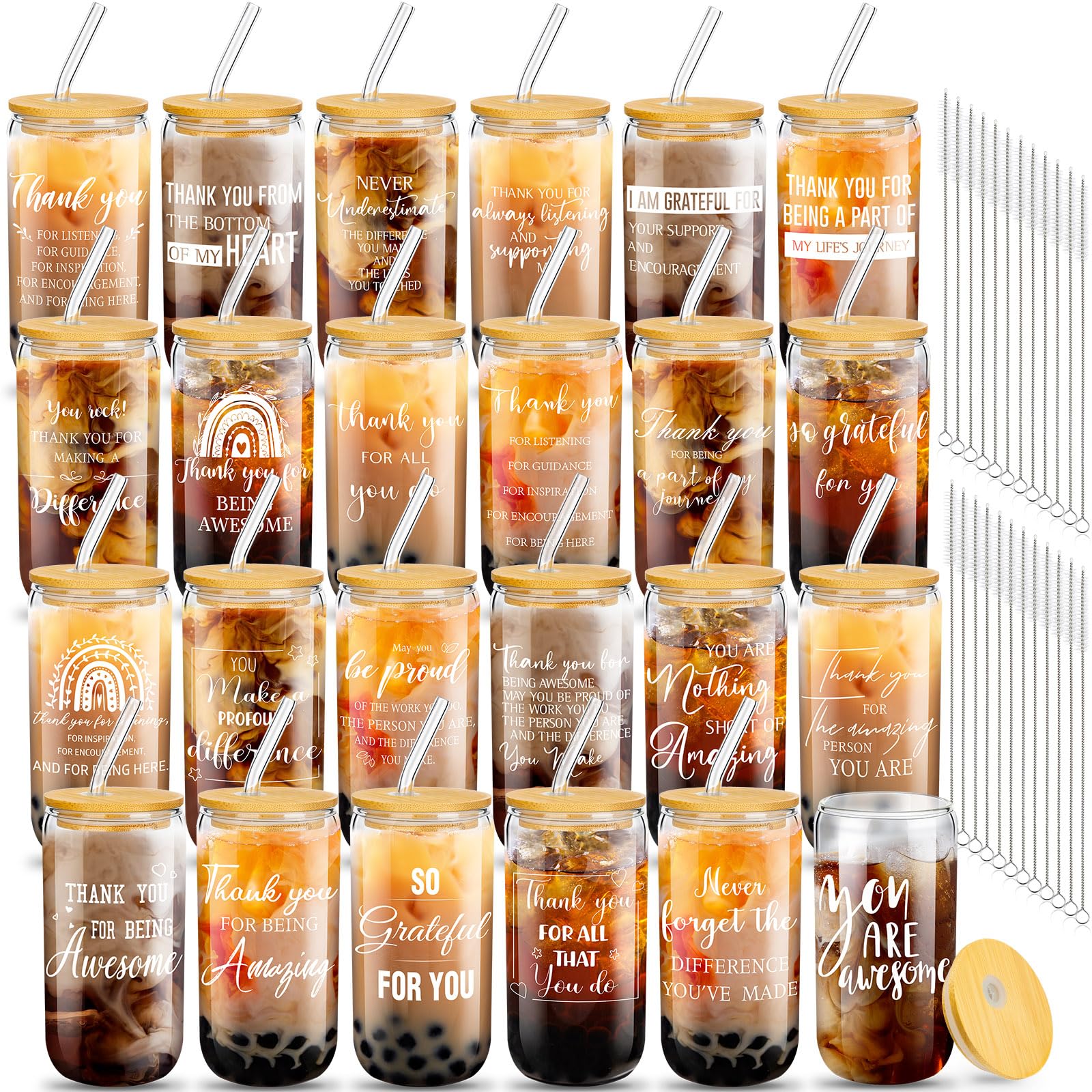 Layhit 24 Set Thank You Gifts Team Gifts for Employees Staff Coworker Appreciation Gifts for Teacher Nurse Thank You Glass Cups 16 oz Can Shaped Beer Glass with Lids Straws Brushes(Vivid Style)