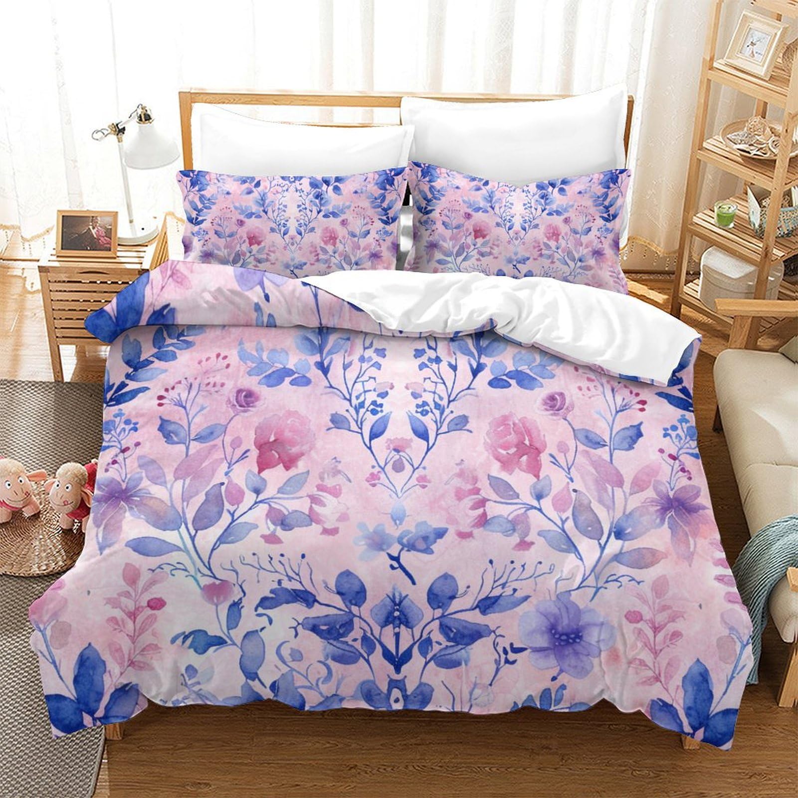 Housse de couette fleurs microfibre parure de lit Super King au fini soyeux et design floral