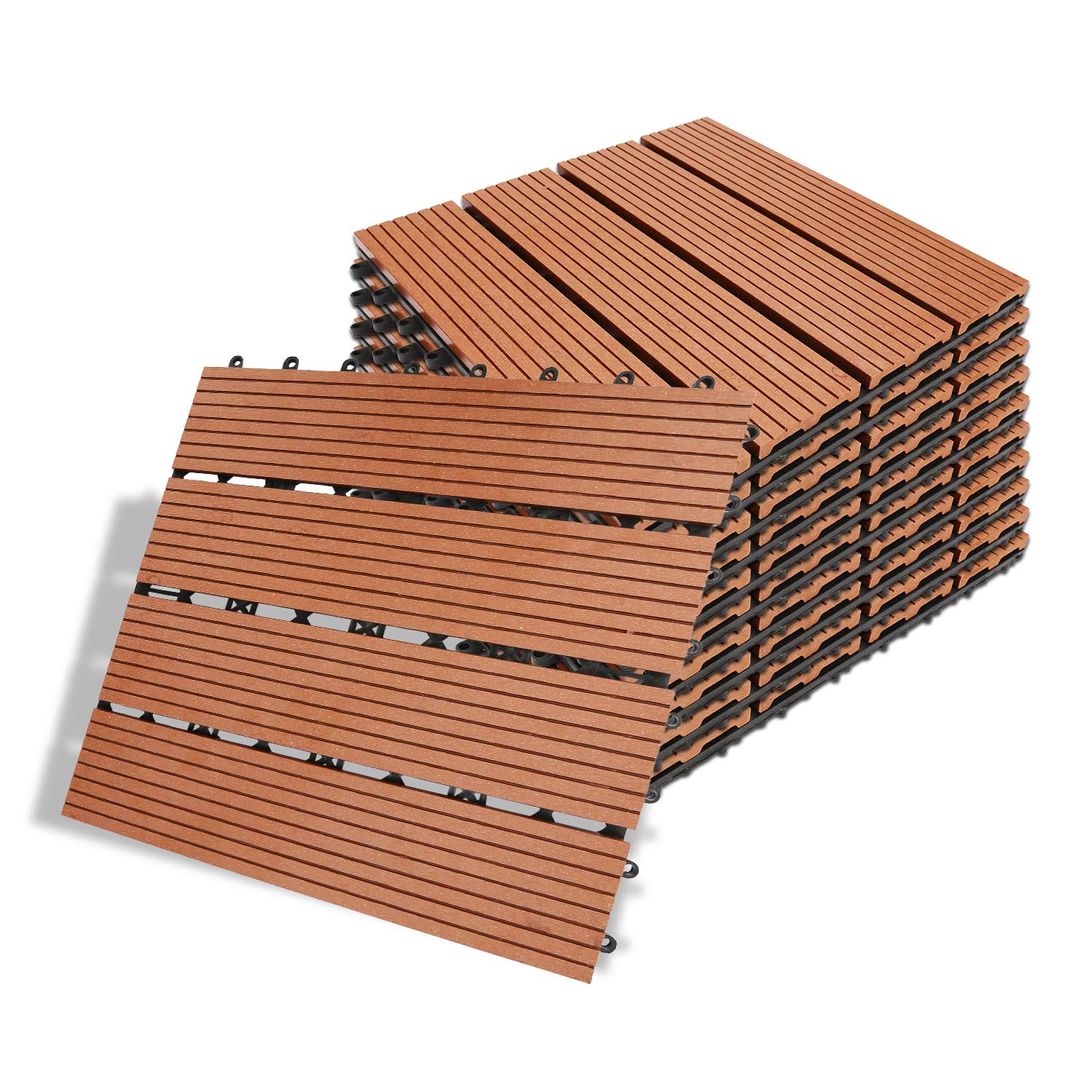 WPC Carreaux de Terrasse 30x30 cm (1m²), Dalles de Jardin Clipsables en Bois Carrelage de sol Dalle avec Système de Drainage pour jardin terrasse Piscine Balcon, Lot de 11, Marron