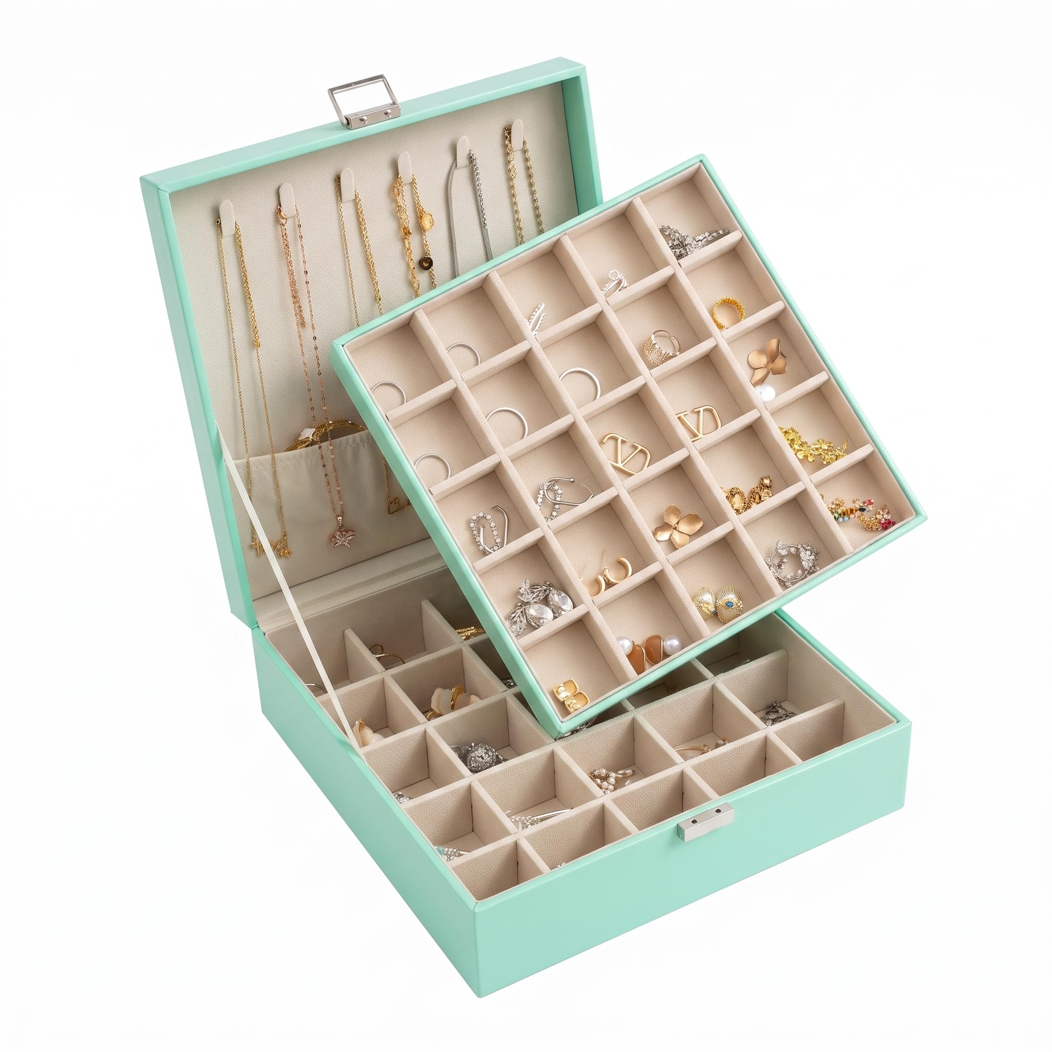 Frebeauty Ohrring-Organizer mit 50 Fächern, 2-lagige Schmuckschatulle | Schmuckkästchen Aus Kunstleder, Verstellbare Trennwände, Samtfutter, Halsketten Organizer, Schmuckaufbewahrung