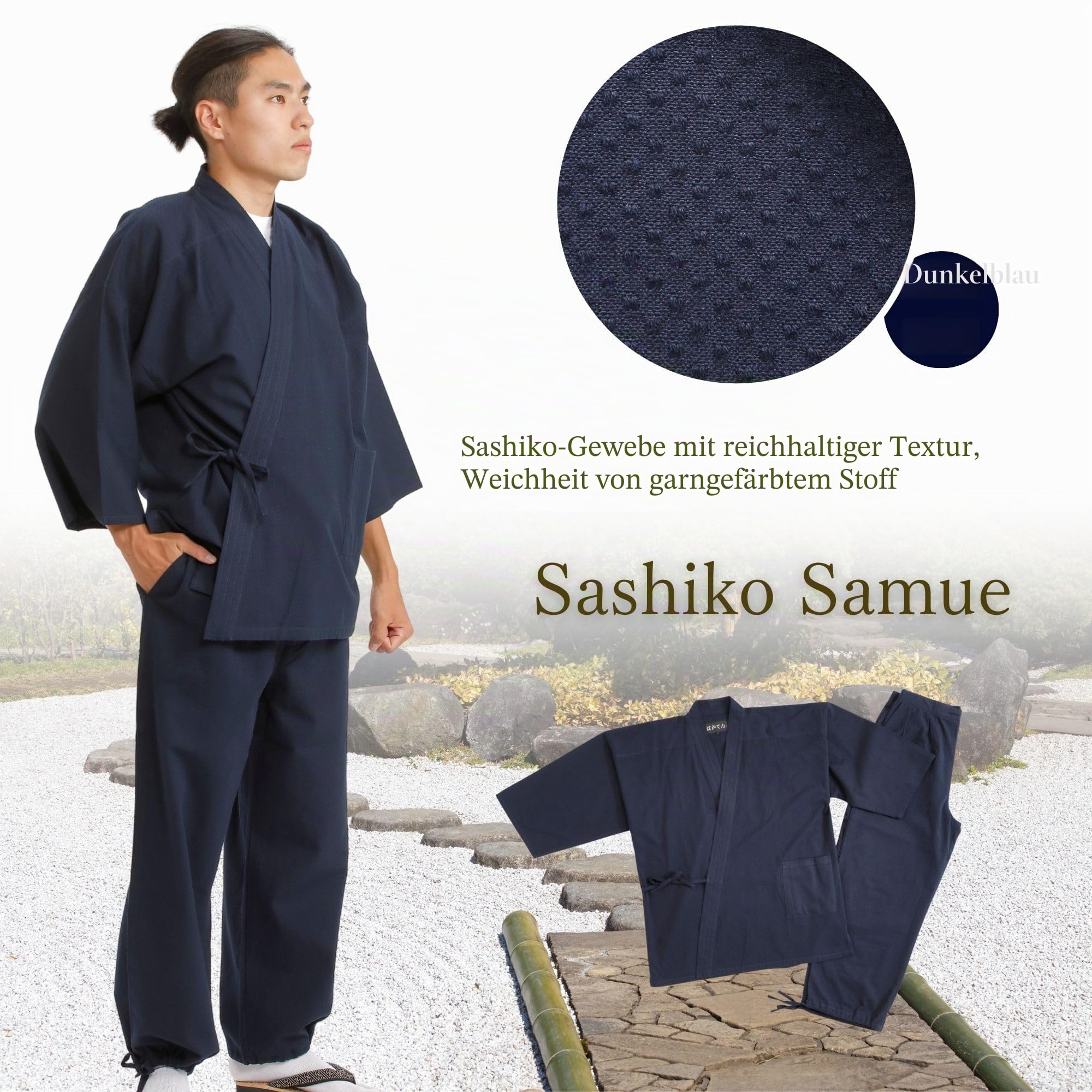 Edoten Herren Japan Kimono Steppkleidung Sashiko Samue, dunkel, marineblau, Large