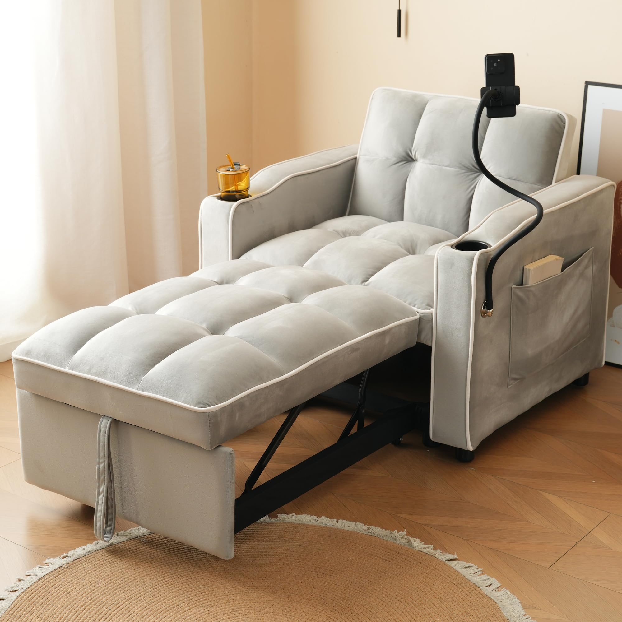 Sofá cama individual extraíble 3 en 1 – Con portavasos y soporte para celular, sofá-tumbona, silla cama, sillón, perfecto para espacios reducidos, 83*167*76 cm (Gris antiguo blanco)