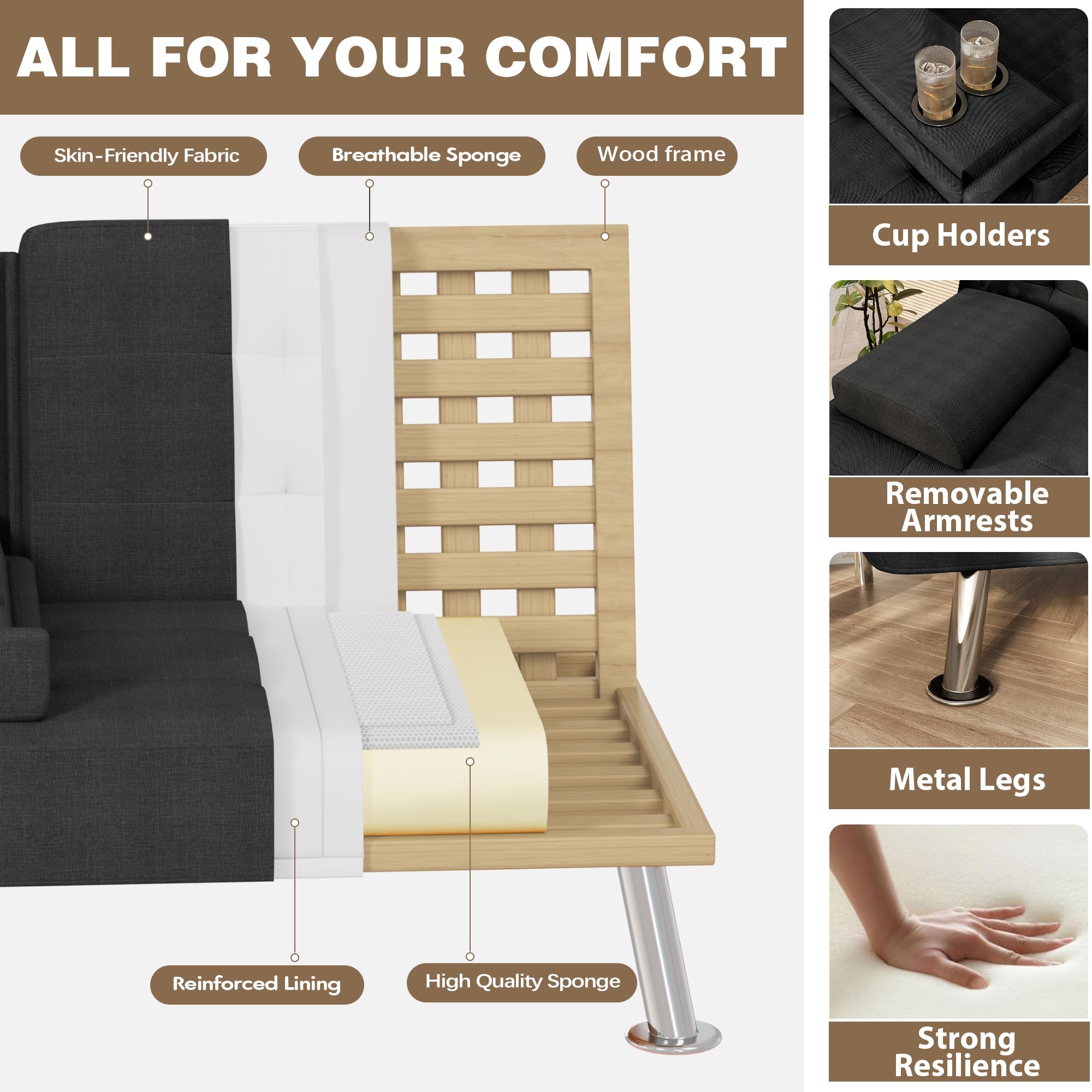 Homall Black Linen Futon Sofa Bed, Futon Couch for Living Room | Adjustable Recliner Sleeper Sofa with Removable Armrests & Dual Cup Holders, Futon Set for Apartment, Office