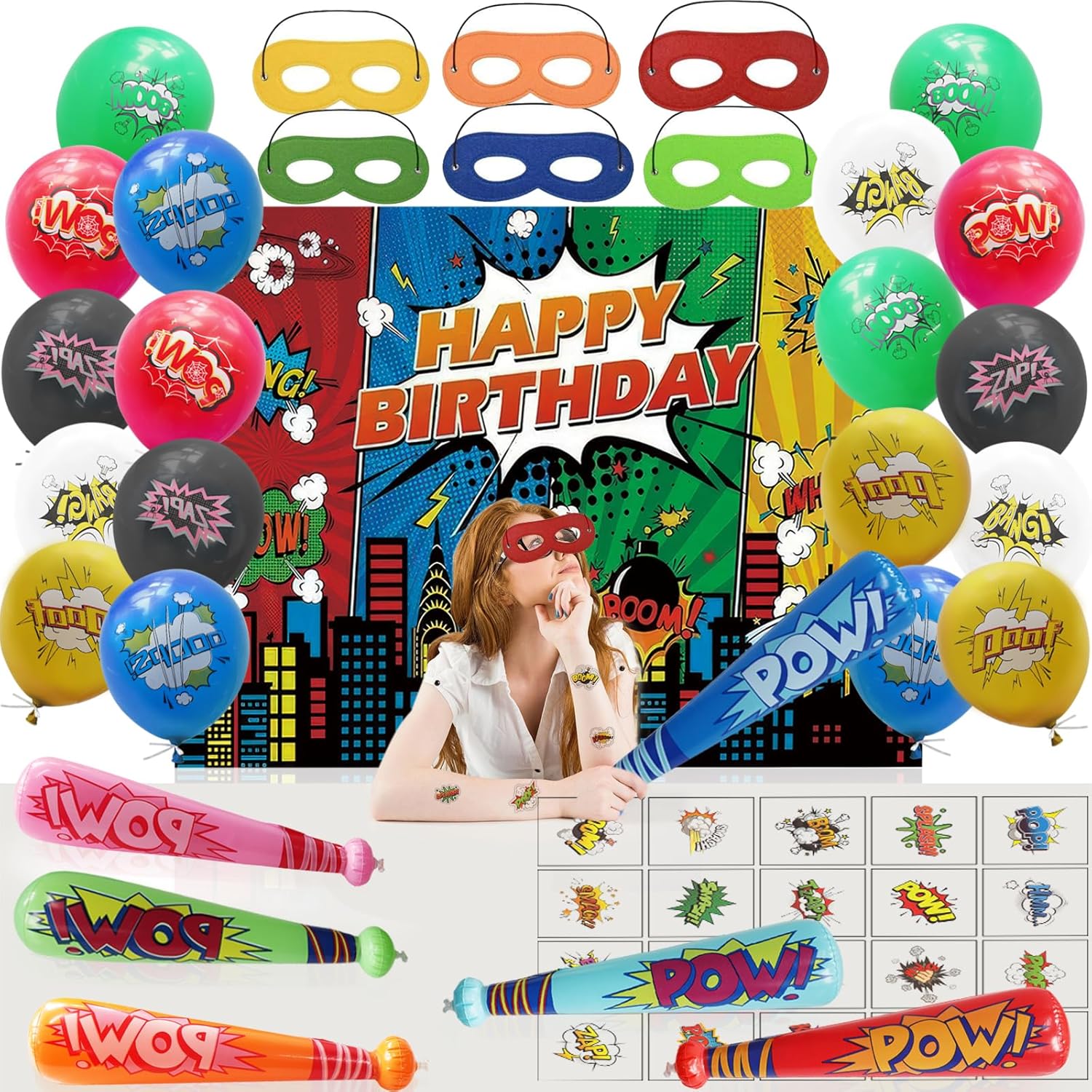 51 Pcs Hero Party Favors -Birthday Supplies Photography Backdrop Include Background, Masks , Pow Inflatable Baseball Bat 20Inch, Balloons,Tattoo Stickers, Hero Party Decorations