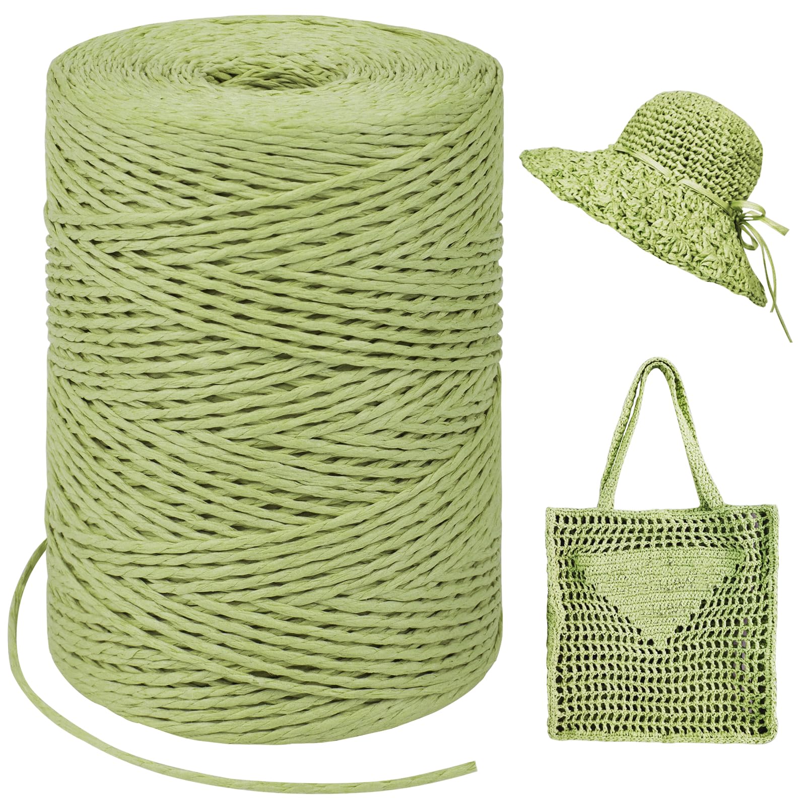 Fruit Green Raffia Yarn for Crochet Bags, 1.5mm x 328 Yards Round String Ribbon for Gift Wrapping, Paper Yarn for Crocheting Sun Hat, Bag, DIY Crafts, Holiday Decoration