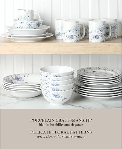 Miniatura 4 de Martha Stewart Empress Bouquet - Juego de platos y cuencos de porcelana decorados, diseño floral azul, servicio para 6 (30 piezas)