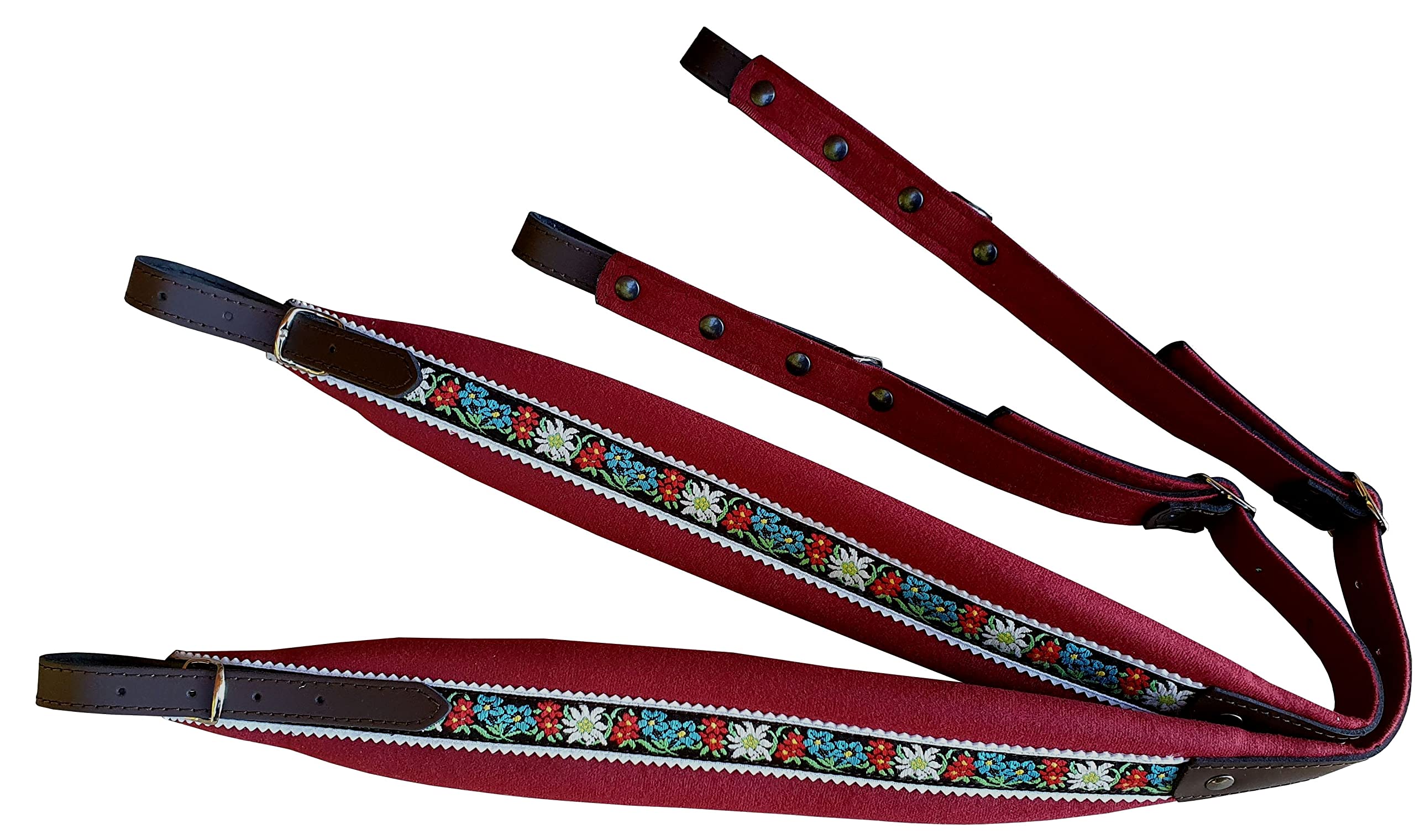 Steirische Harmonika Riemen Set – Edelweiss Rot – Komplettset mit Tragegurten, Bassriemen, Rückenverbinder & Verstellerset – gepolstert, verstellbar – Zubehör für Volksmusik & Trachtenfreunde
