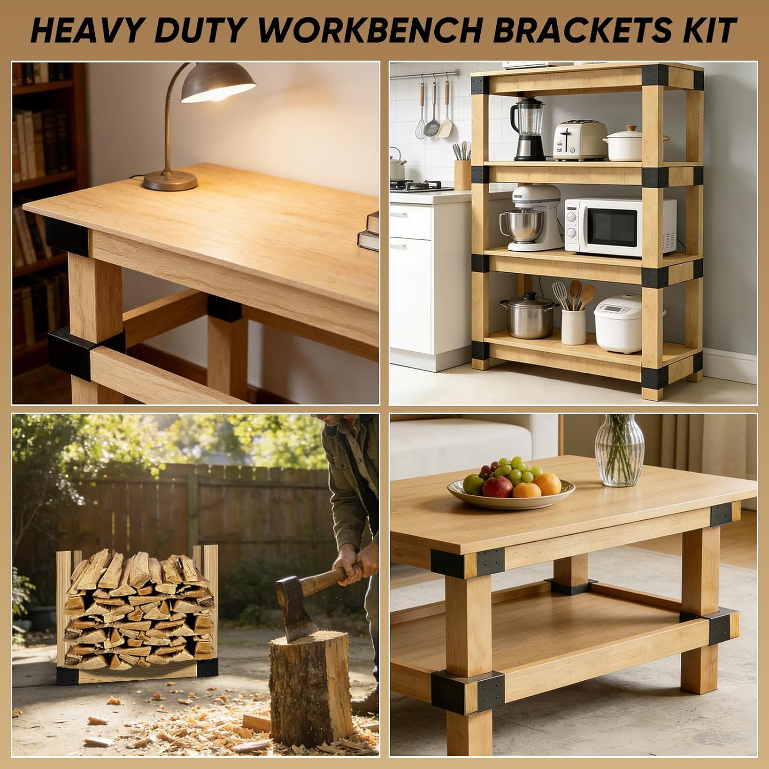 Workbench Bracket 4pcs,2mm Steel 3-Way Right Angle Corner Brackets,Heavy Duty Workbench Corner Brackets for DIY Custom Workbench,Shelving,Work Table,Fits 4x4 and 2x4 Lumber