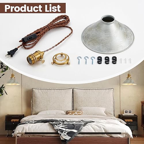 Miniatura 6 de Luces colgantes con cable de enchufe, lámpara colgante industrial de jaula de plata antigua con bombillas Edison, lámpara colgante con acabado de