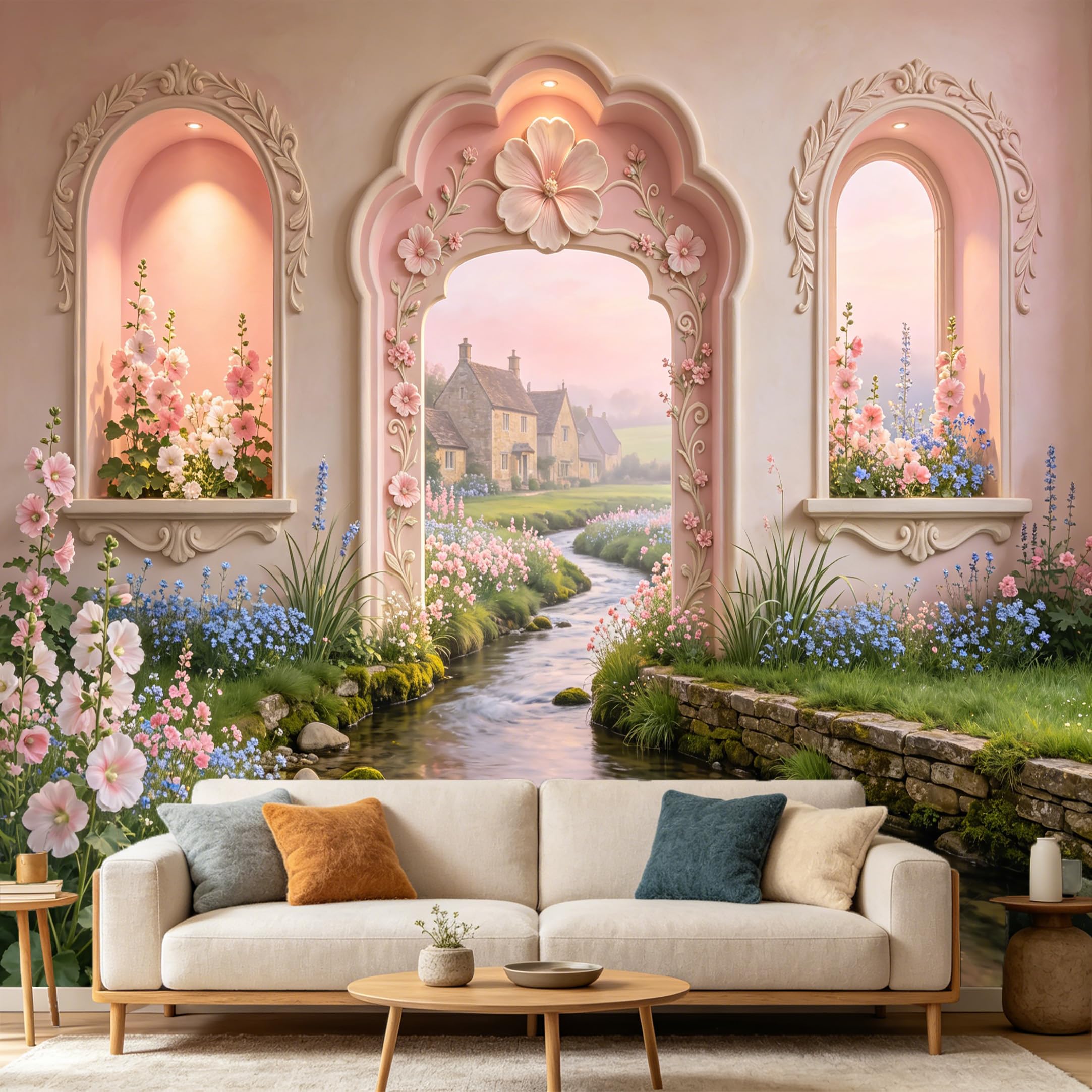 Custom Size Wall Mural， 3D Archway Landscape Farmhouse Creek Cottage Floral Botanical， SelfAdhesive Art Prints wall Fabric Removable Large Wallpaper Home Living Room Decor
