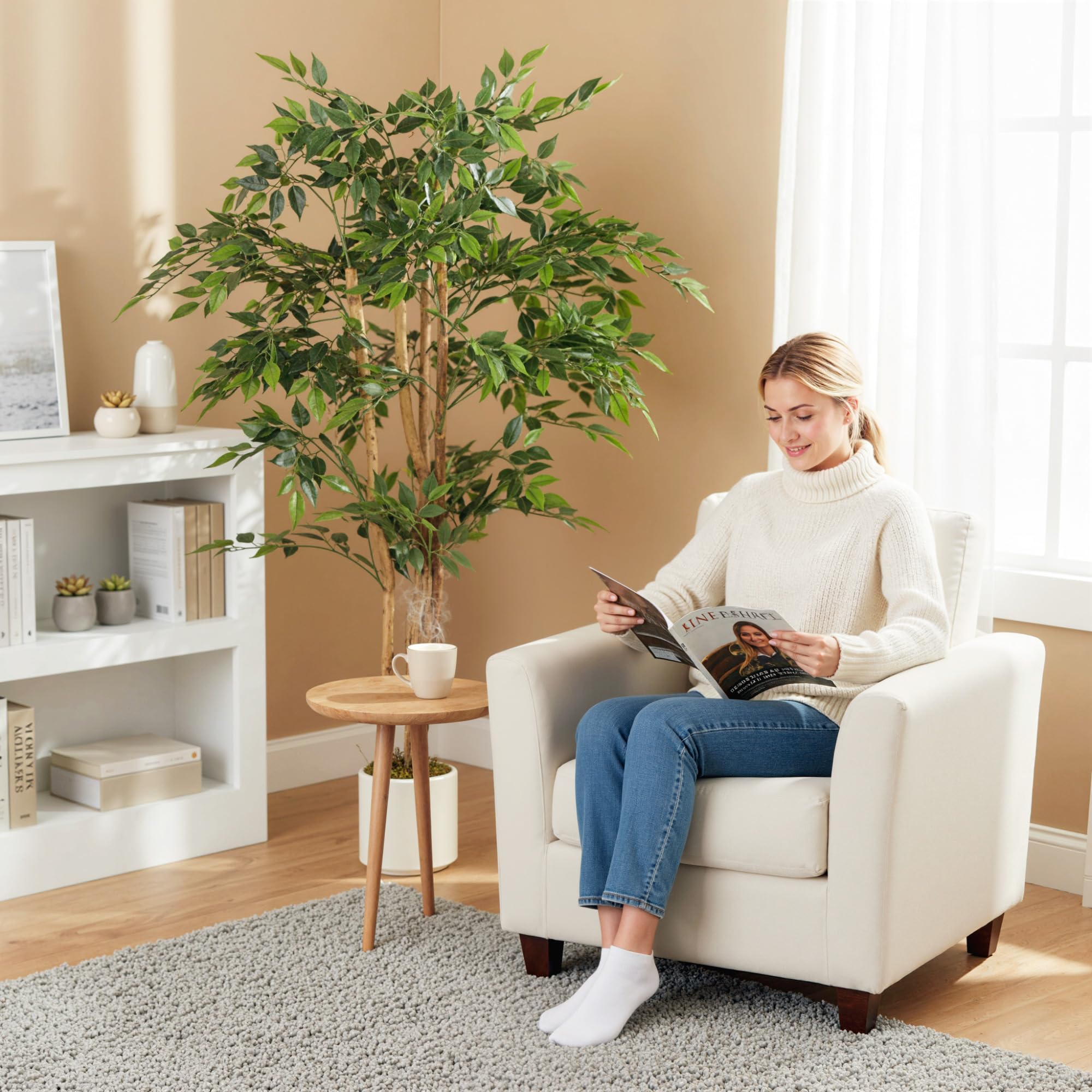 HOMCOM Pianta Artificiale di Baniano con Rami Orientabili e Vaso Contenitore Bianco in PP e Cemento, Pianta Verde in PEVA e Legno, per Interno, Ufficio, Soggiorno, Camera da Letto, 65x65x150 cm