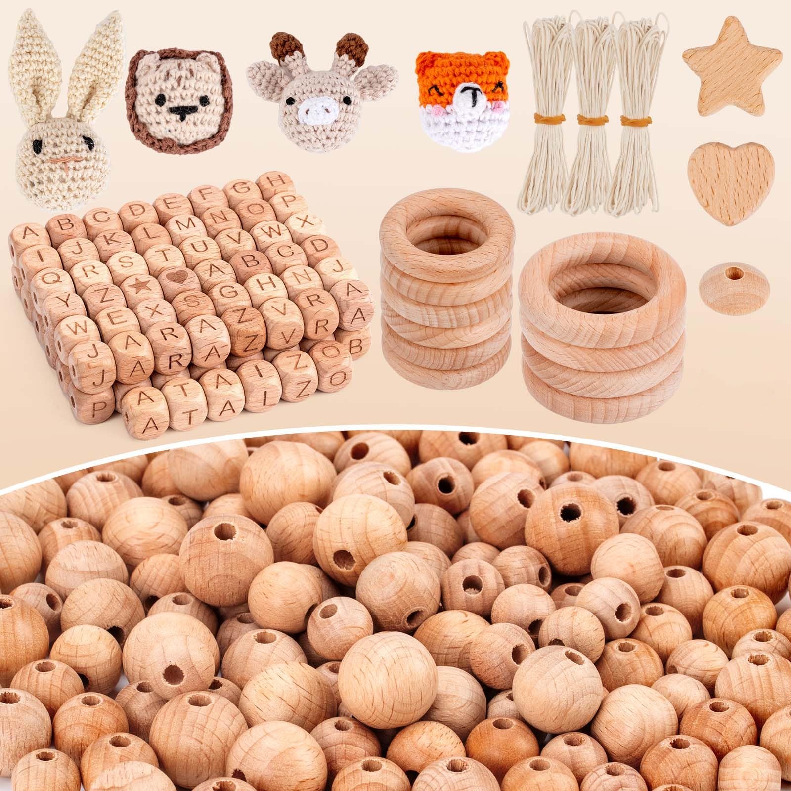 Holzperlen Holzringe Set 322 Stück Buchenholzperlen Rund Holzkugeln mit Loch für Makramee DIY Schmuck