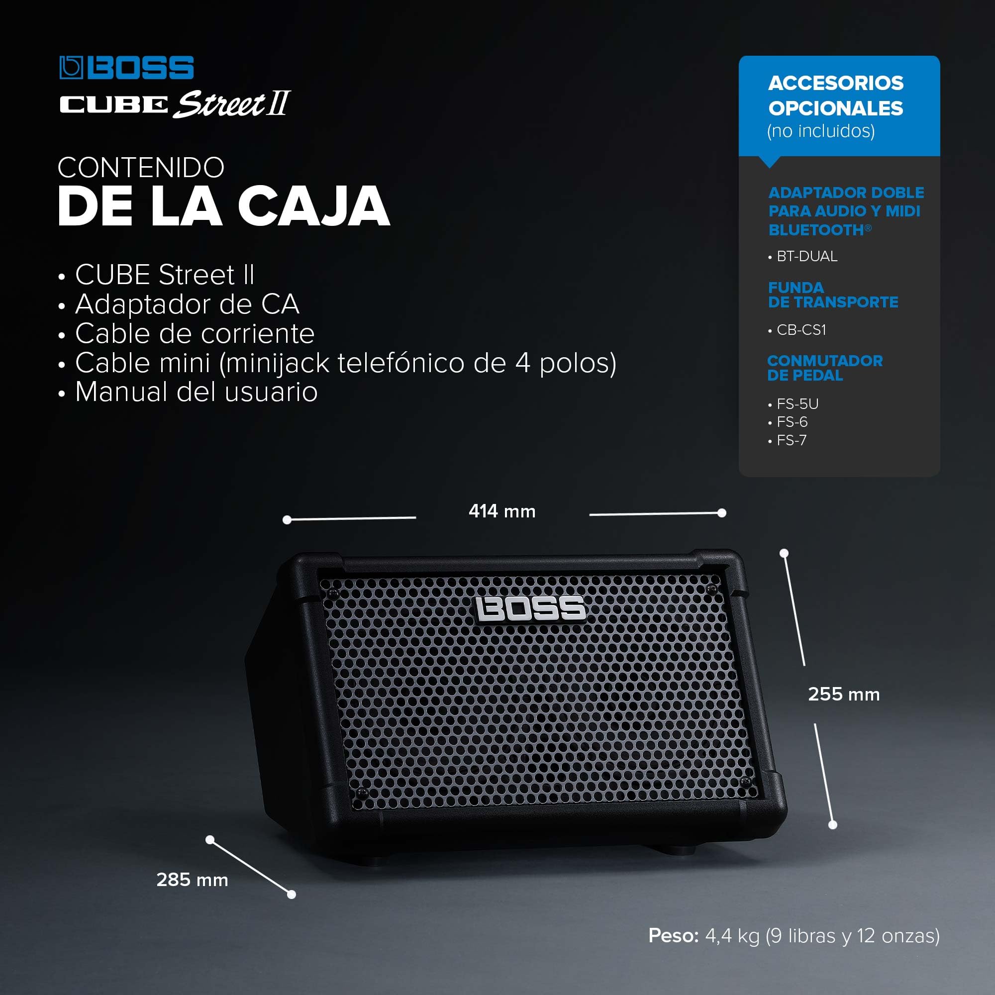 BOSS Cube Street II | Amplificador estéreo de batería portátil | Sonido Ideal para Artistas callejeros | Admite micros, Instrumentos y Dispositivos de Audio | Negro