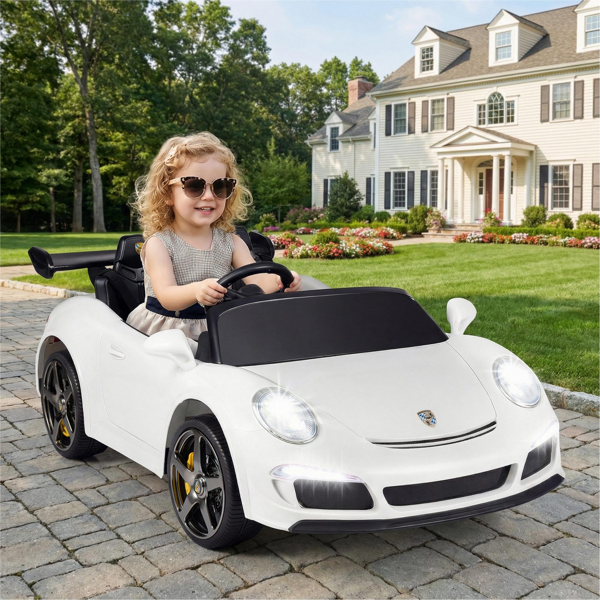 RELAX4LIFE Auto Elettrica per Bambini 24V con Licenza RUF, 2 Posti Rosa, Telecomando 2.4G, Luci LED, Giocattolo per Bambini 3-8 Anni (Modello: S322) (Bianco)
