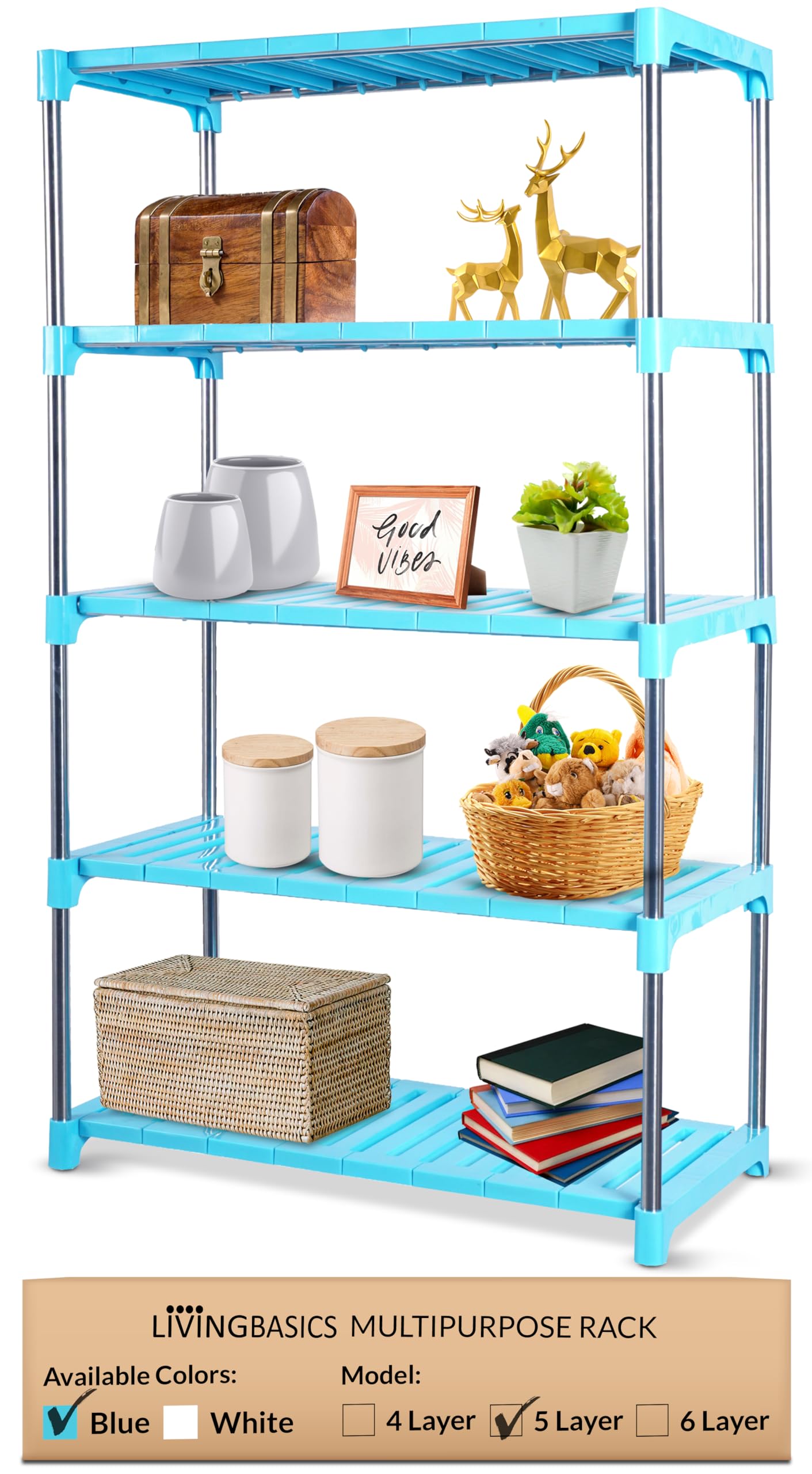 5 Layer Stainless Steel Multifunctional/Multipurpose Storage Shelves/Rack/Stand for Home/Office/Kitchen/Balcony/Bathroom/Study Room (Cyan Blue)-image-27