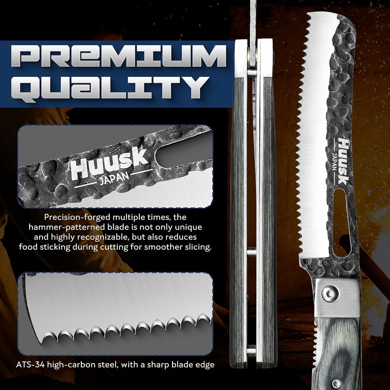 Huusk Japanese Folding Bread Knife - Pocket Knife with Wide Wavy Edge for Homemade Bread, Steak and Tomato - Hand Forged Kitchen Knives for BBQ, Camping and Travel - Gift for Men and Women