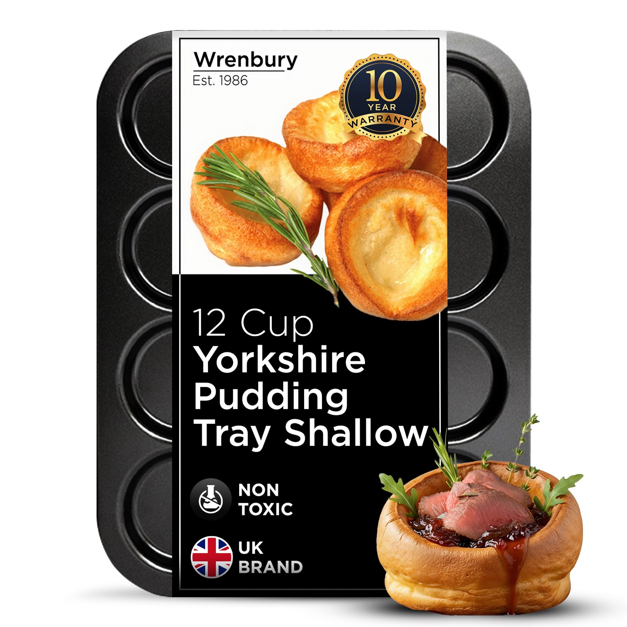 Wrenbury 12 Cup Yorkshire Pudding Tray - Non Stick Heavy Gauge Carbon Steel Baking Tin - Ideal for Smaller Yorkshire Puddings and Toad in The Hole