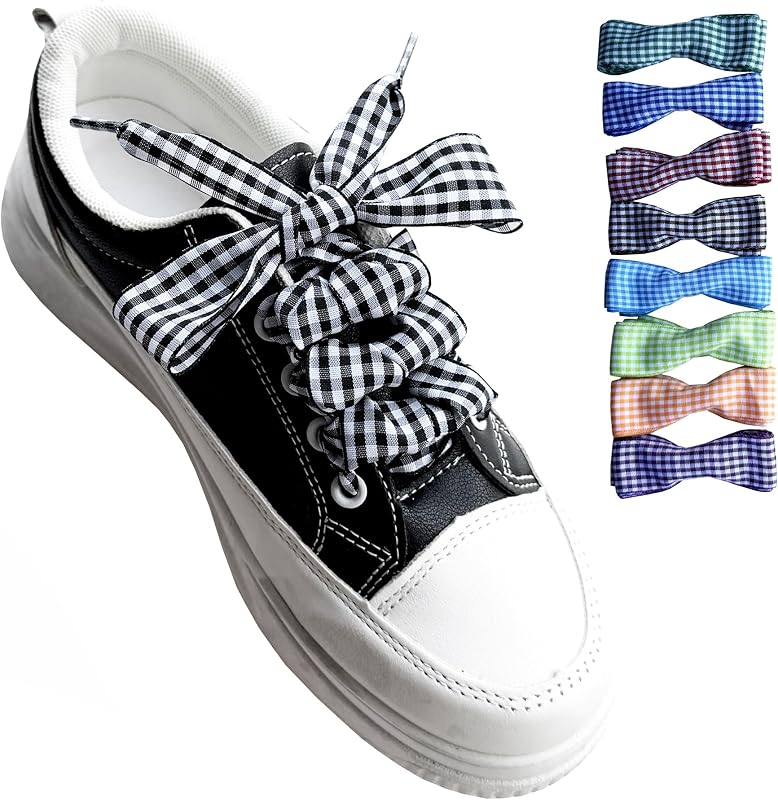 Flat Checkered Shoelaces, Gingham Ribbon Shoe Laces | Flat Plaid Shoe Laces for Women Sneakers, 1 Inch Wide, Non-Stretch Nylon, Replacement for Canvas Boots, Gift Decorative Strap