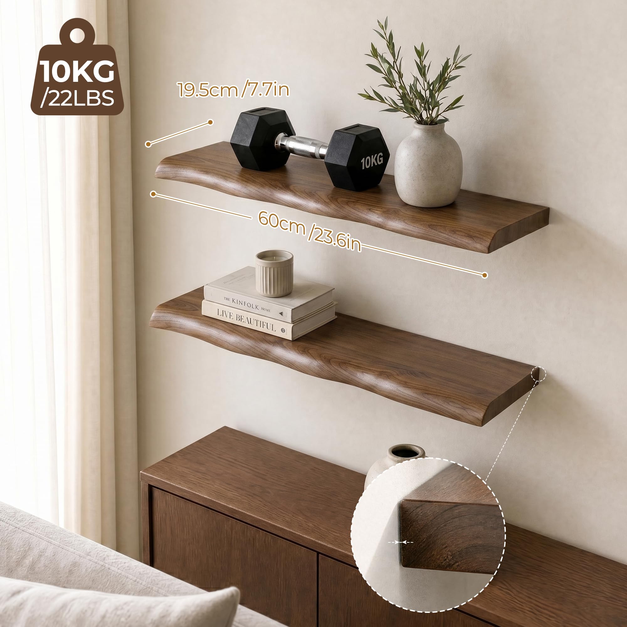 Afuly Estantería de Pared Larga, Baldas Flotantes Pared con Soporte Oculto | 60cm Repisas de Pared Nogal Juego de 2, Baldas de Madera, Almacenaje, Decoración para Fotos, Decoraciones, Salón, Dormitorio