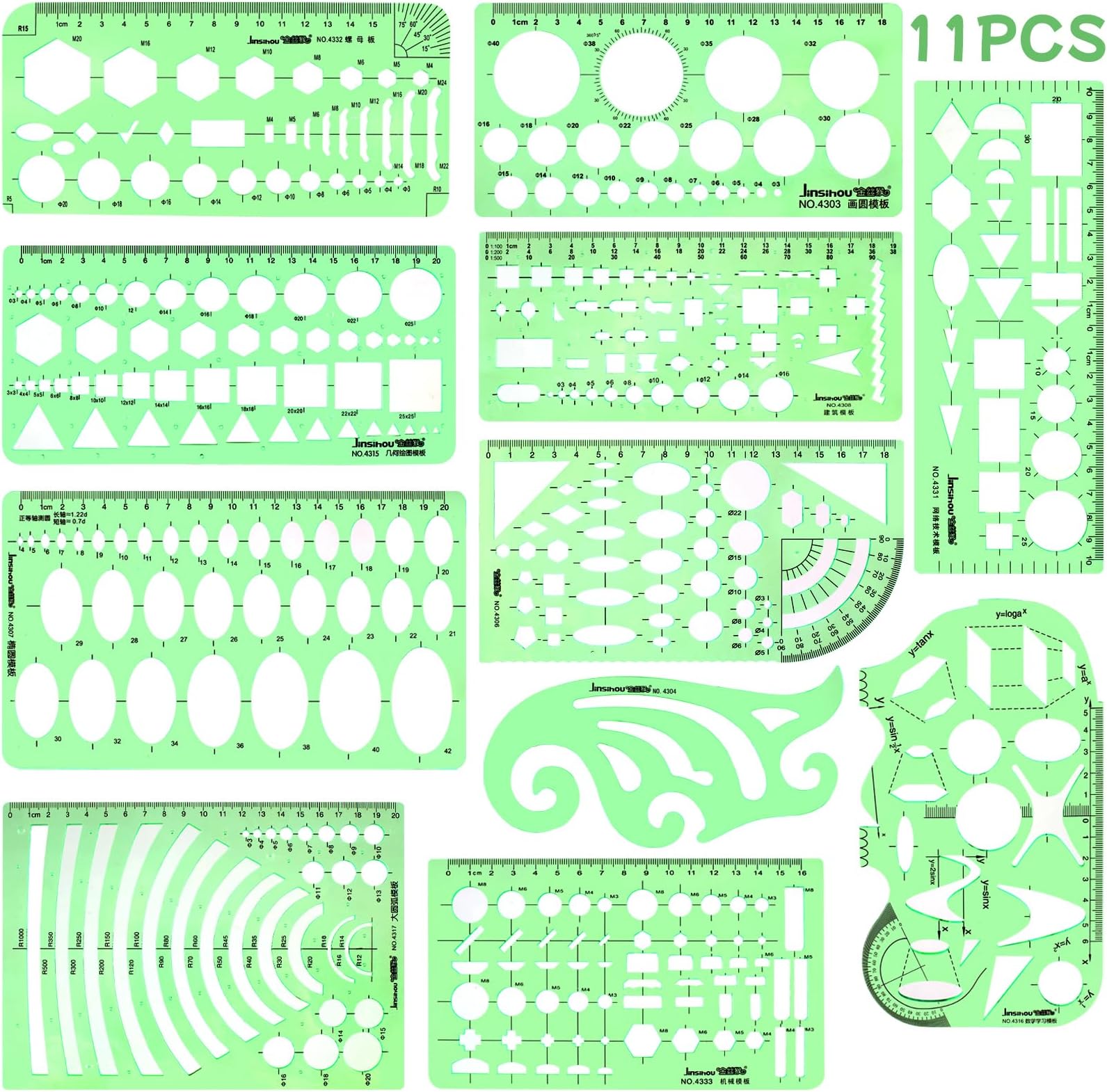 11PCS Geometric Drawings Templates, Drafting Stencils Measuring Tools, Transparent Green Plastic Ruler, for Architecture, Office, Studying, Designing