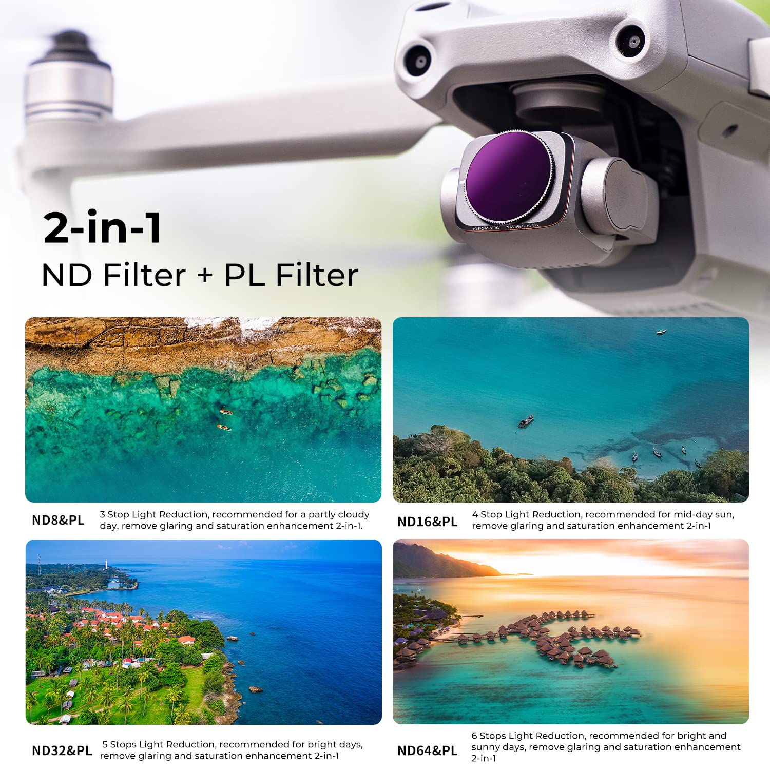 K&F CONCEPT Bright Day - 4pack Filtro ND8/PL, ND16/PL, ND32/PL, ND64/PL Filtri Compatibili con Air 2S Drone