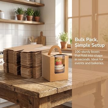 Jucoan 100 Pack Cupcake Box, Kraft Paper Individual Cupcake Container with Window and Handles, Bulk Single Cupcake Packaging Box for Muffin, Cocoa Bomb, Party Favor Pastry Treat Boxes